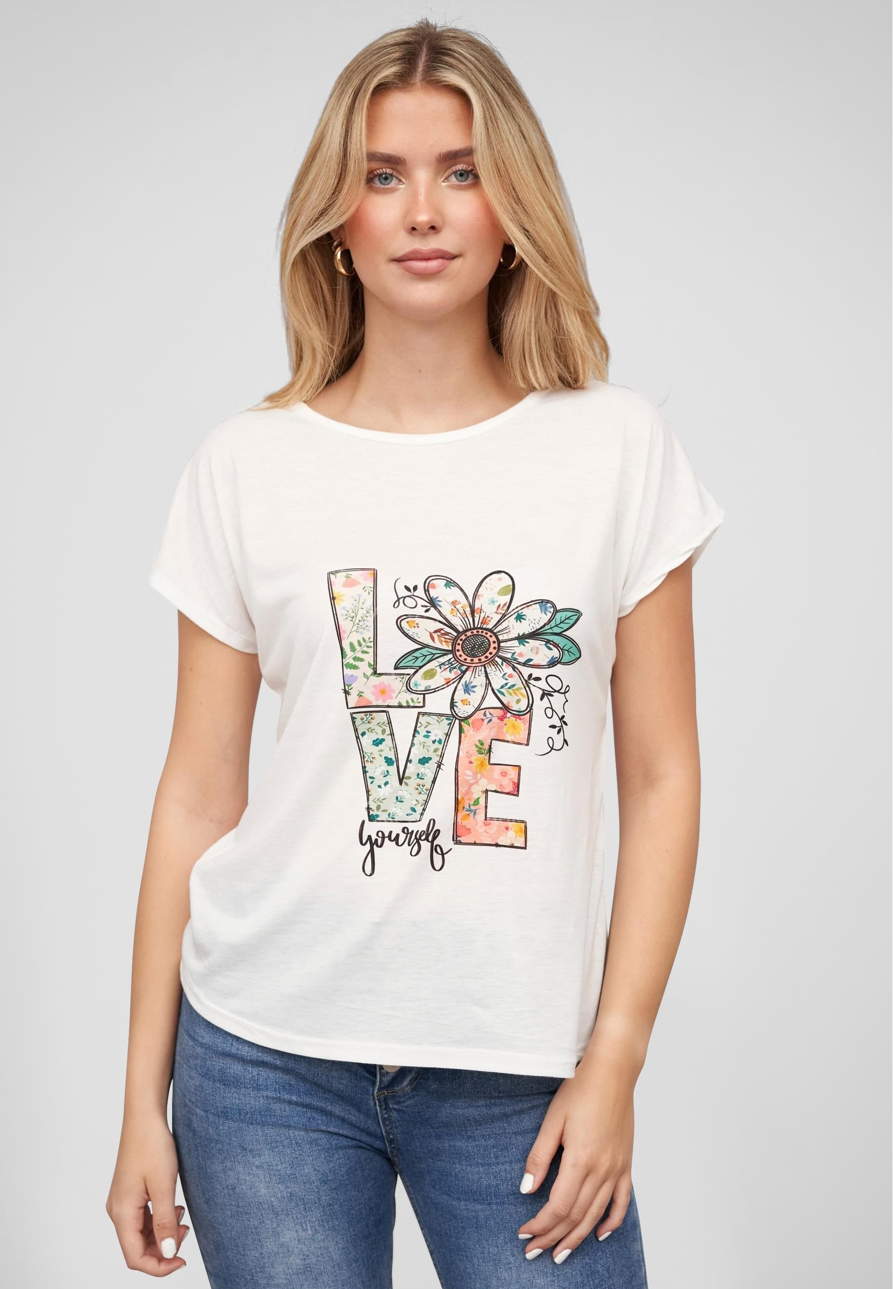 CLOUD 5IVE T-Shirt »CLOUD 5IVE Viskose T-Shirt mit Love-Blumen Print« 1 Stk. tlg.