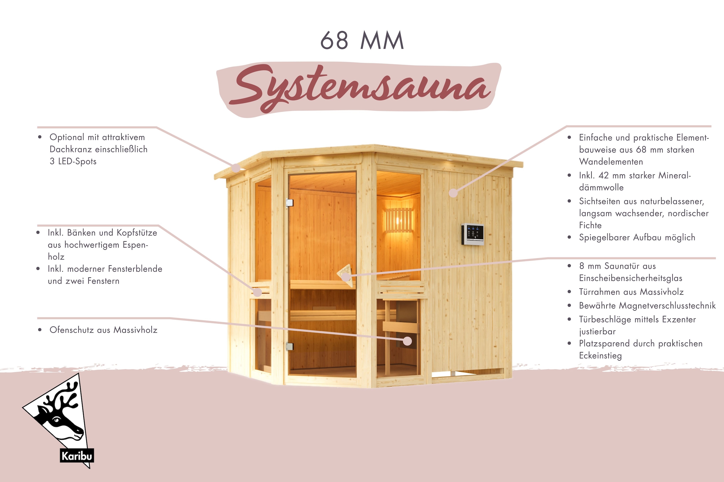 Karibu Sauna »"Agneta 2" naturbelassen«, aus hochwertiger nordischer Fichte