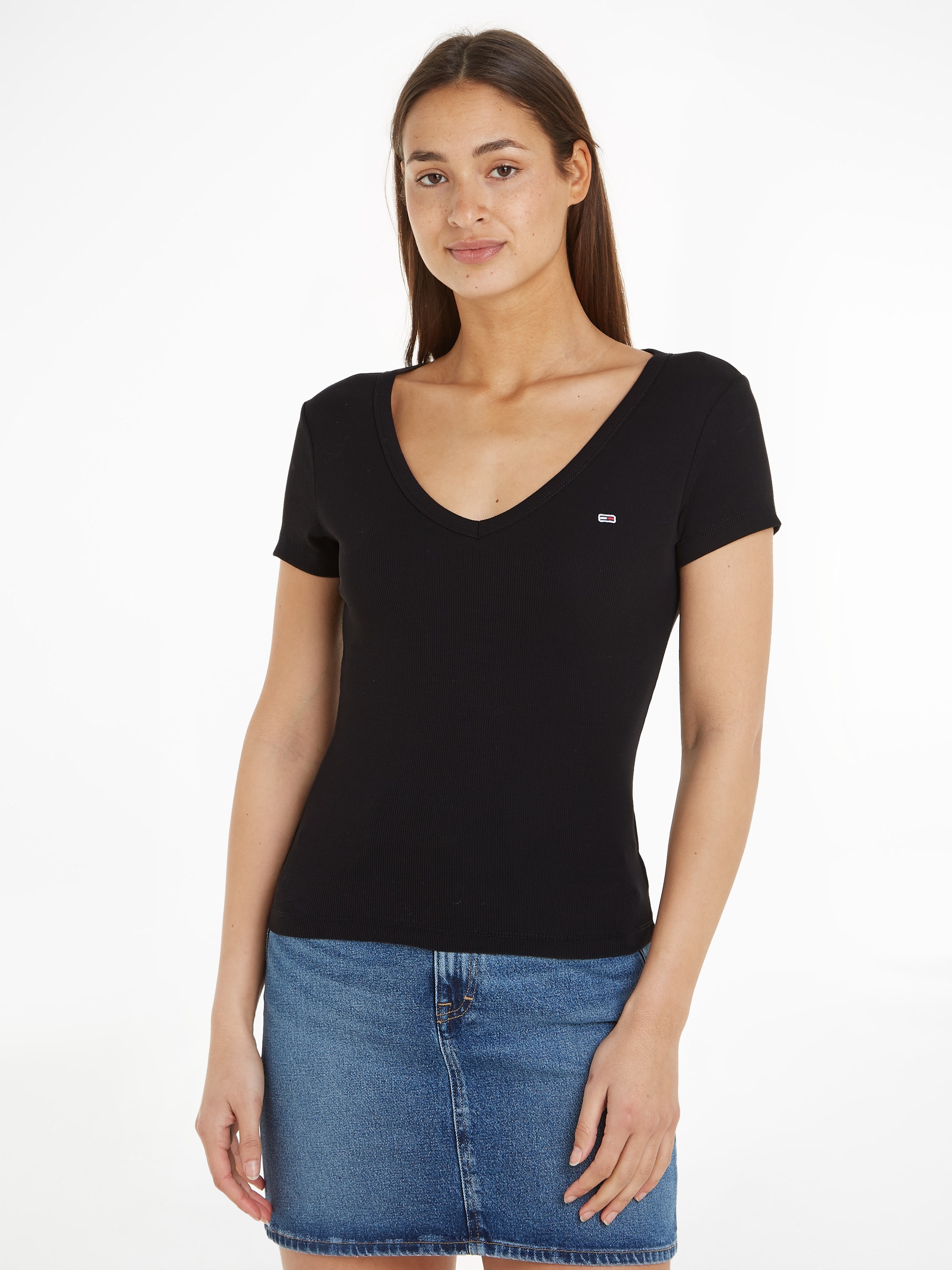 Tommy Jeans Kurzarmshirt "TJW SLIM ESSENTIAL RIB V SS", in gerippter Strukt günstig online kaufen