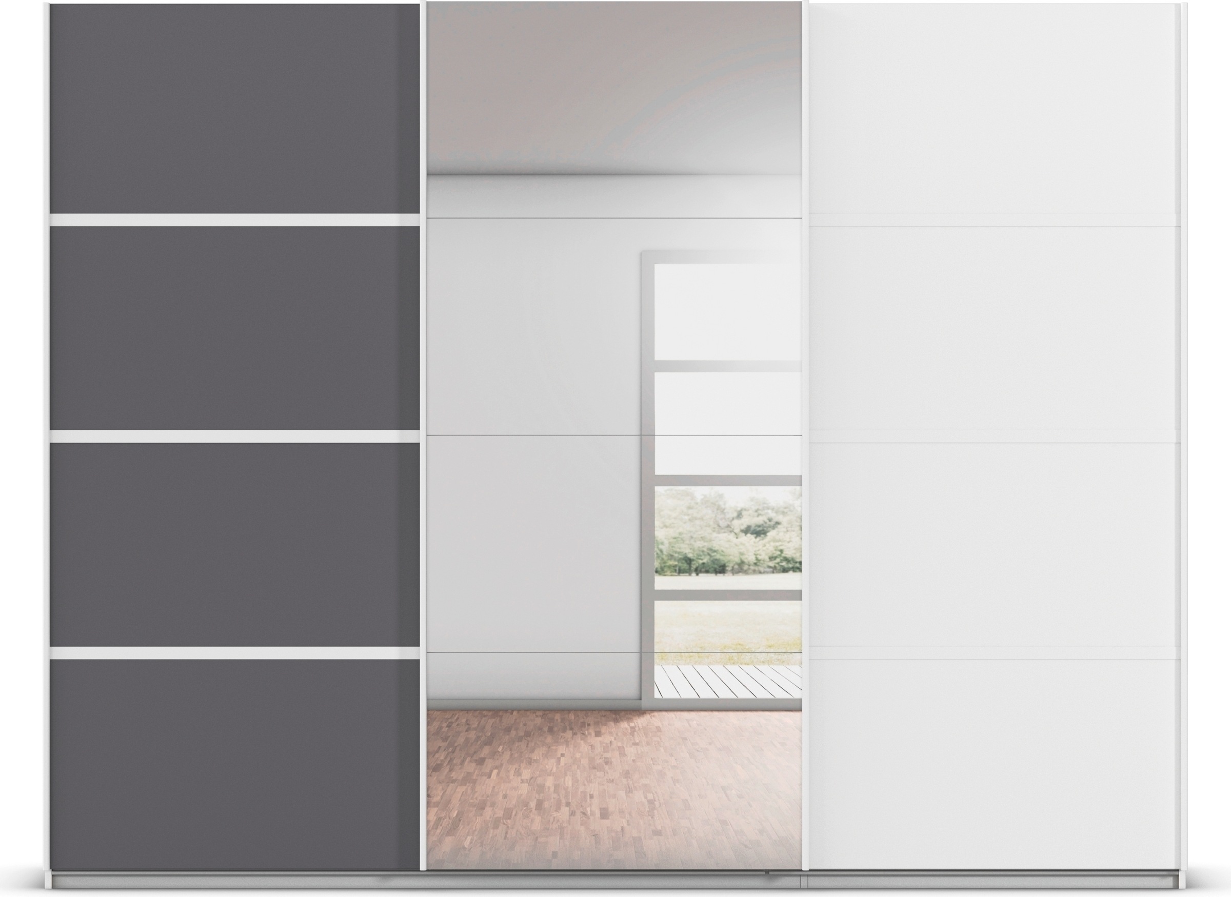 rauch Kleiderschrank »Schwebetürenschrank OTTO´s Choice Garderobe Schrank TOP ANGEBOT Avola«, (in 3 verschiedenen Ausstattungen BASIC/CLASSIC/PREMIUM inkl. Spiegel), mit eleganten Zierleisten in Chrom, Schwarz oder Weiß MADE IN GERMANY
