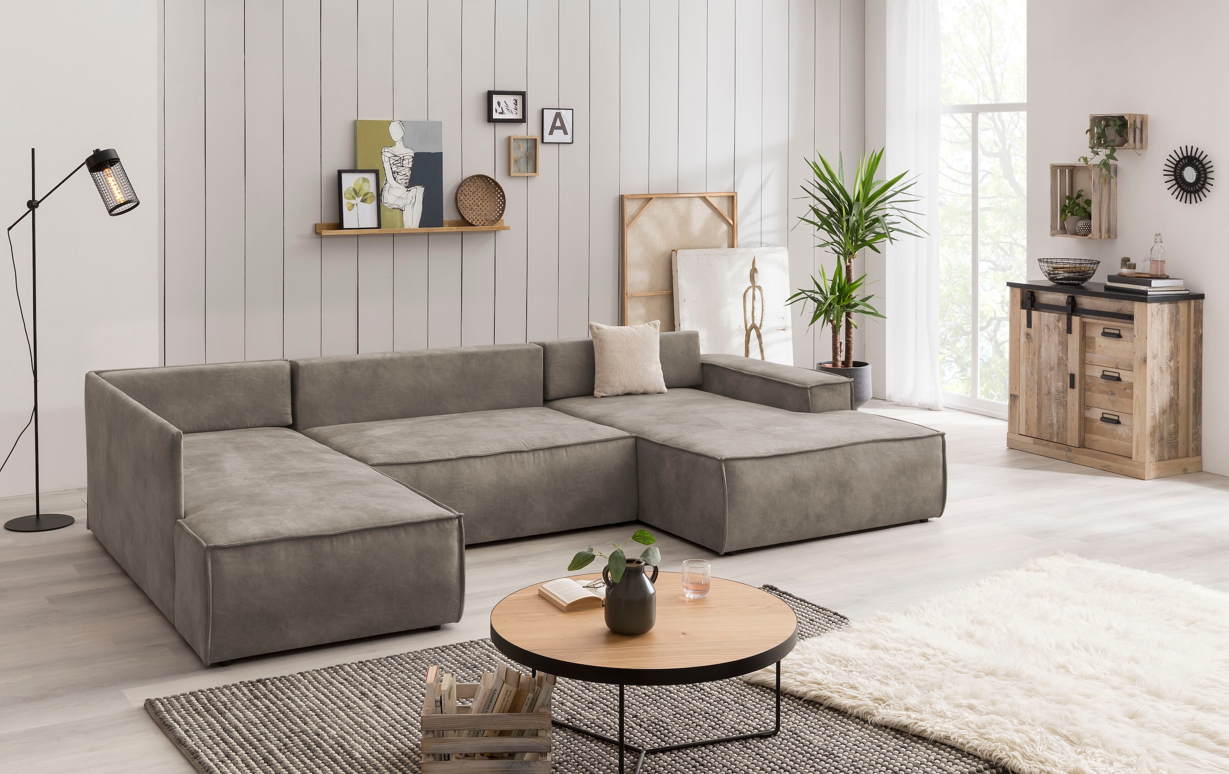 Home affaire Wohnlandschaft »SHERWOOD 329 cm, U-Form, Schlafsofa,«, Schlaffunktion m. Bettkasten (194x139 cm), Cord, Vintage, Samtvelours
