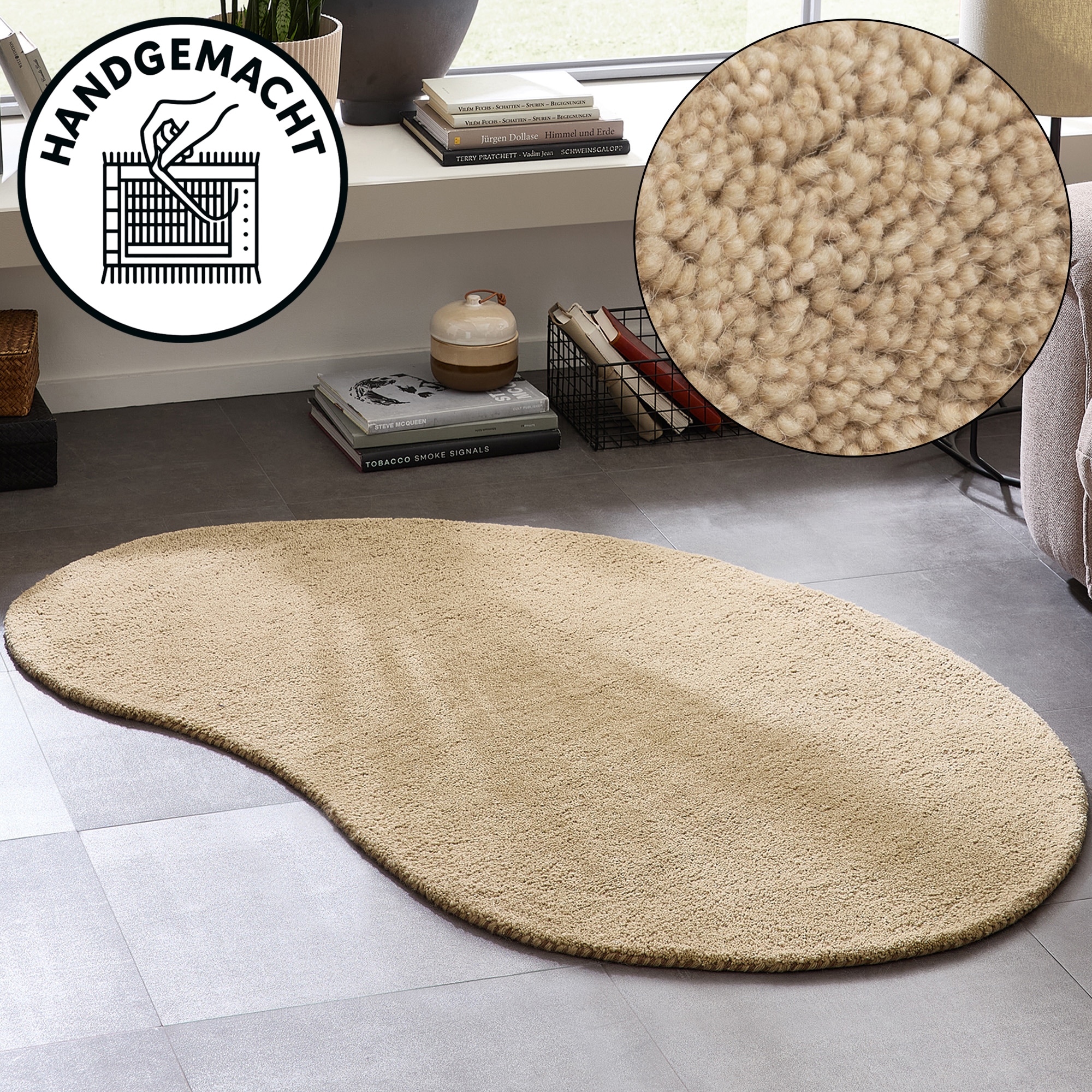 THEKO Wollteppich "Gabbeh Uni, Handgefertigt, meliert, auch als Läufer erhältlich, Wolle" oval 14 mm Höhe Schlafzimmer, Wohnzimmer, Esszimmer, auch als Läufer oder rund