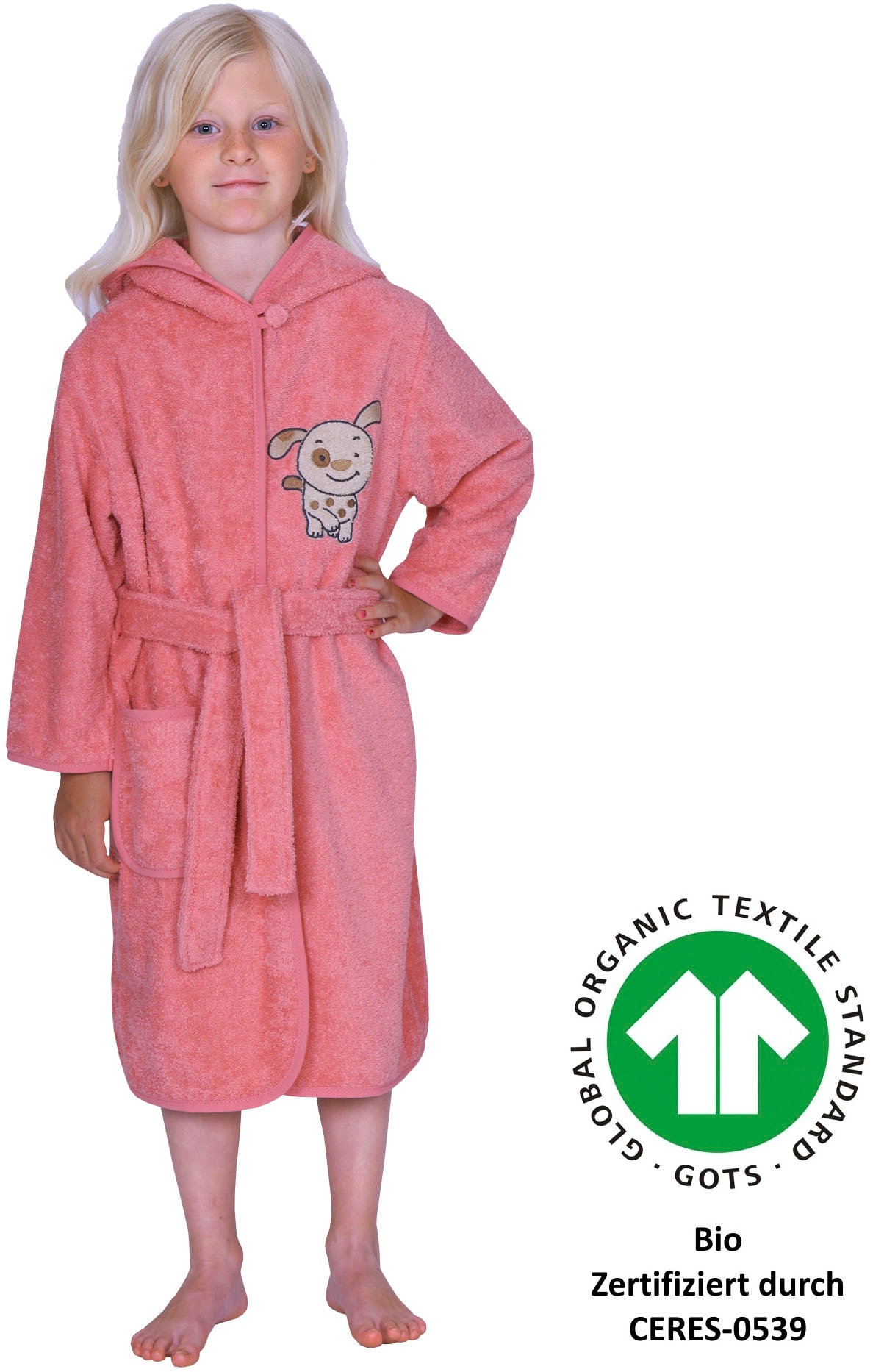 Kinderbademantel WÖRNER, L:55cm, orange, Baumwoll-Webfrottier, Hausmäntel, "Hund", mit Stickerei, mit Taschen, maschinenwaschbar, trocknergeeignet