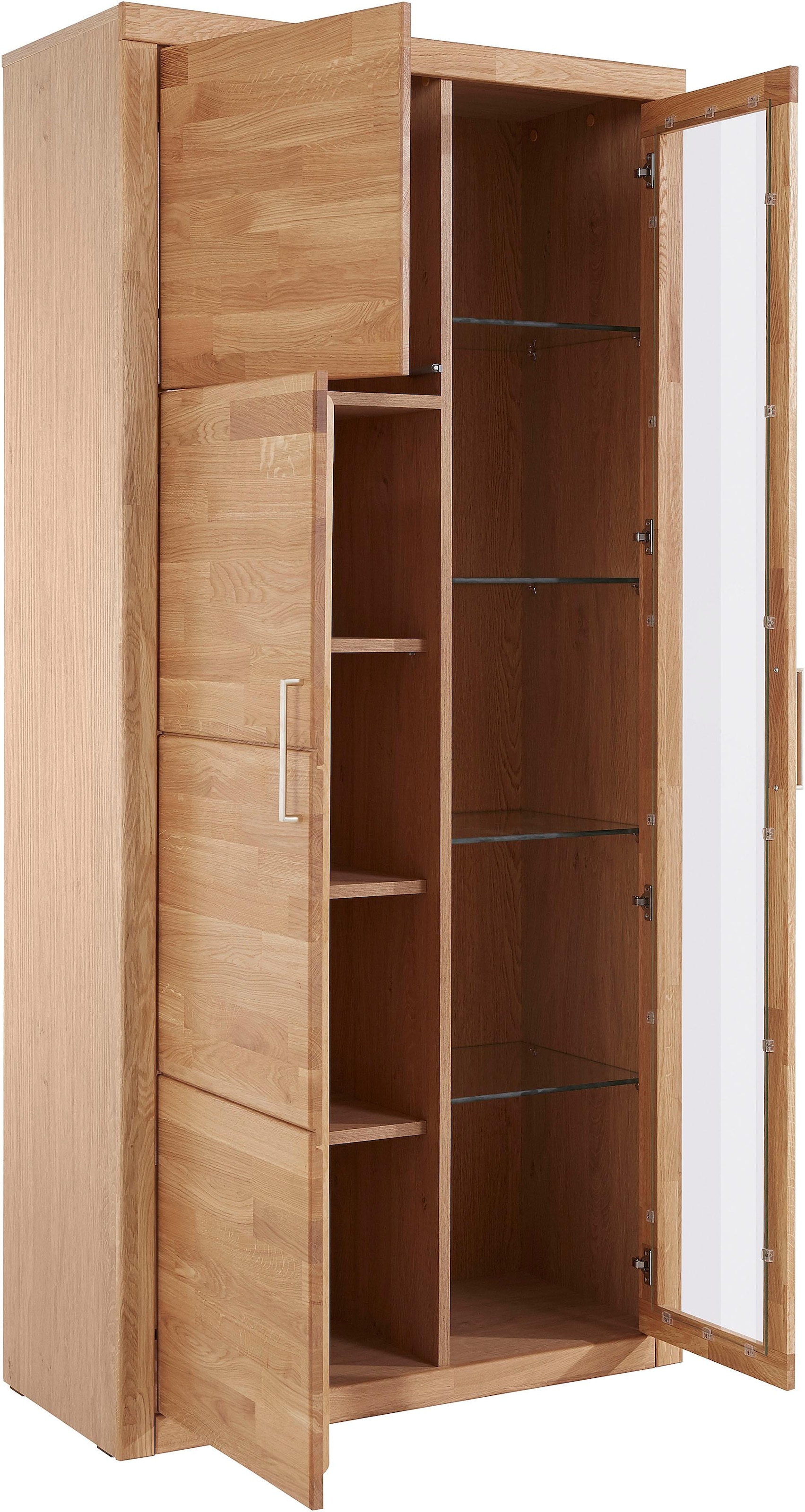 Home affaire Vitrine »Logo,190cm hoch,42 cm tief,Fronten Massivholz,10Fächer«, Korpus aus Holzwerkstoff,Griffe und Scharniere aus Metall