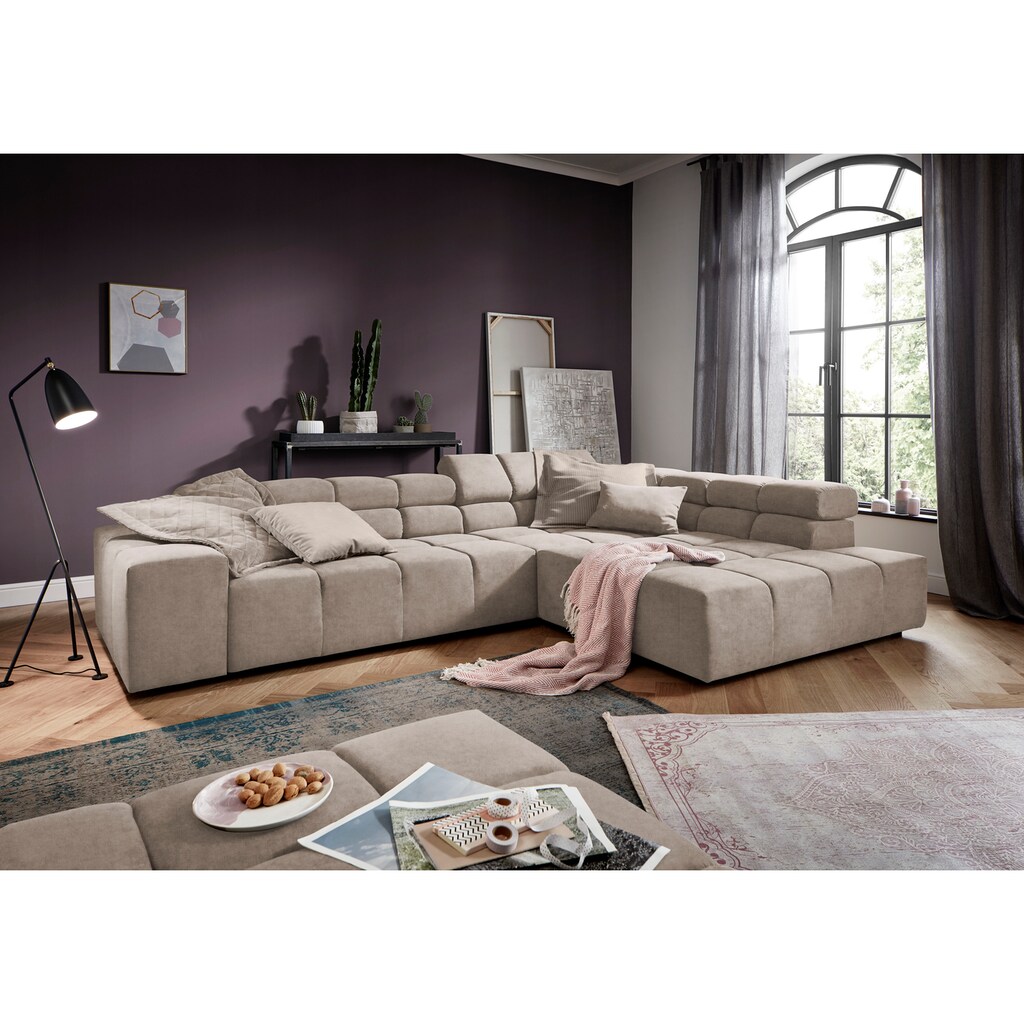 INOSIGN Ecksofa »Ancona incl. Kopfteilverstellung, Zierkissen Breite 319cm, L-Form«, wahlweise motorische Sitztiefenverstellung, auch in Cord + Easy Care