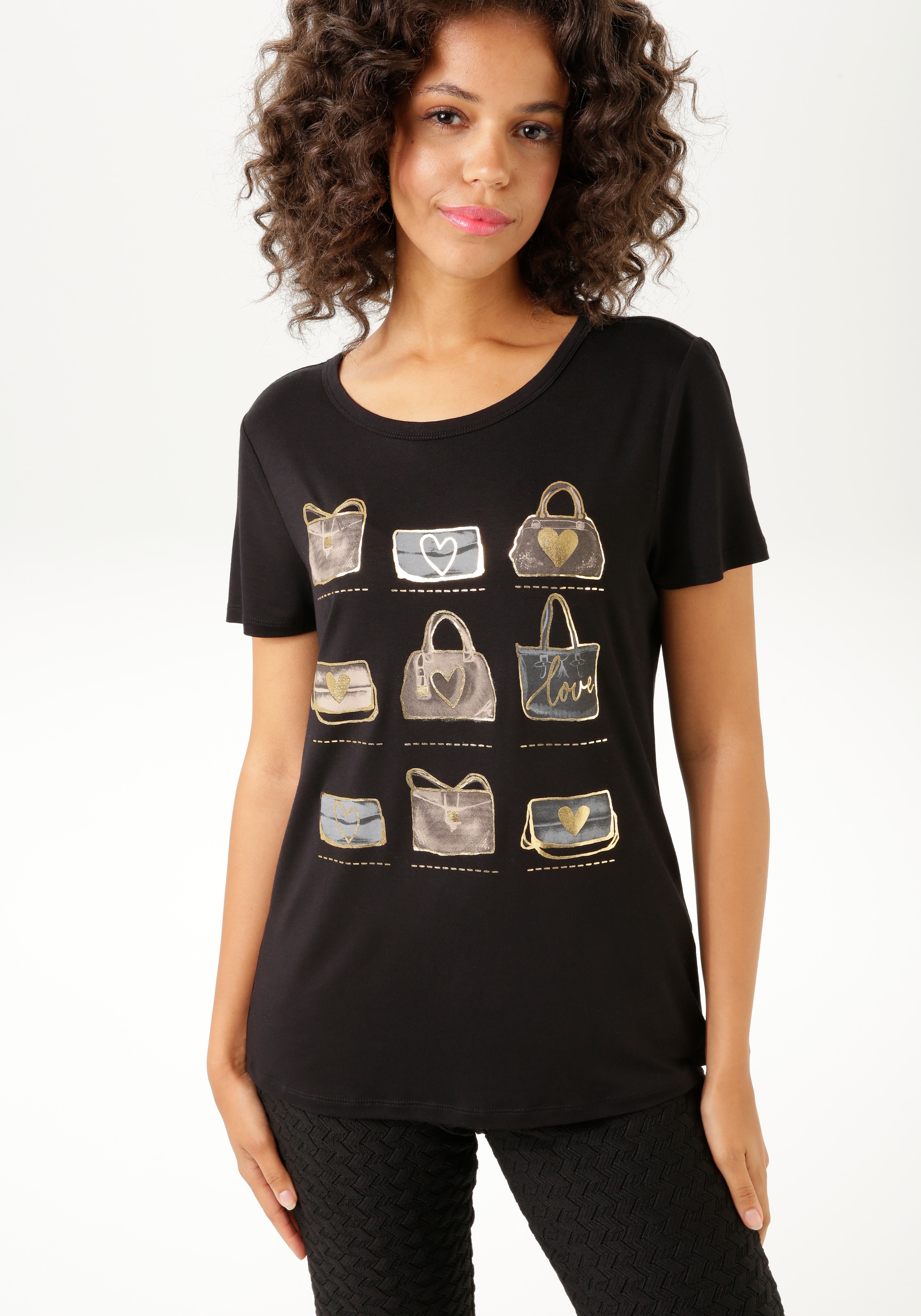 Aniston CASUAL T-Shirt, glitzerndem KOLLEKTION NEUE online Frontdruck, Folienprint | mit BAUR bestellen teilweise 