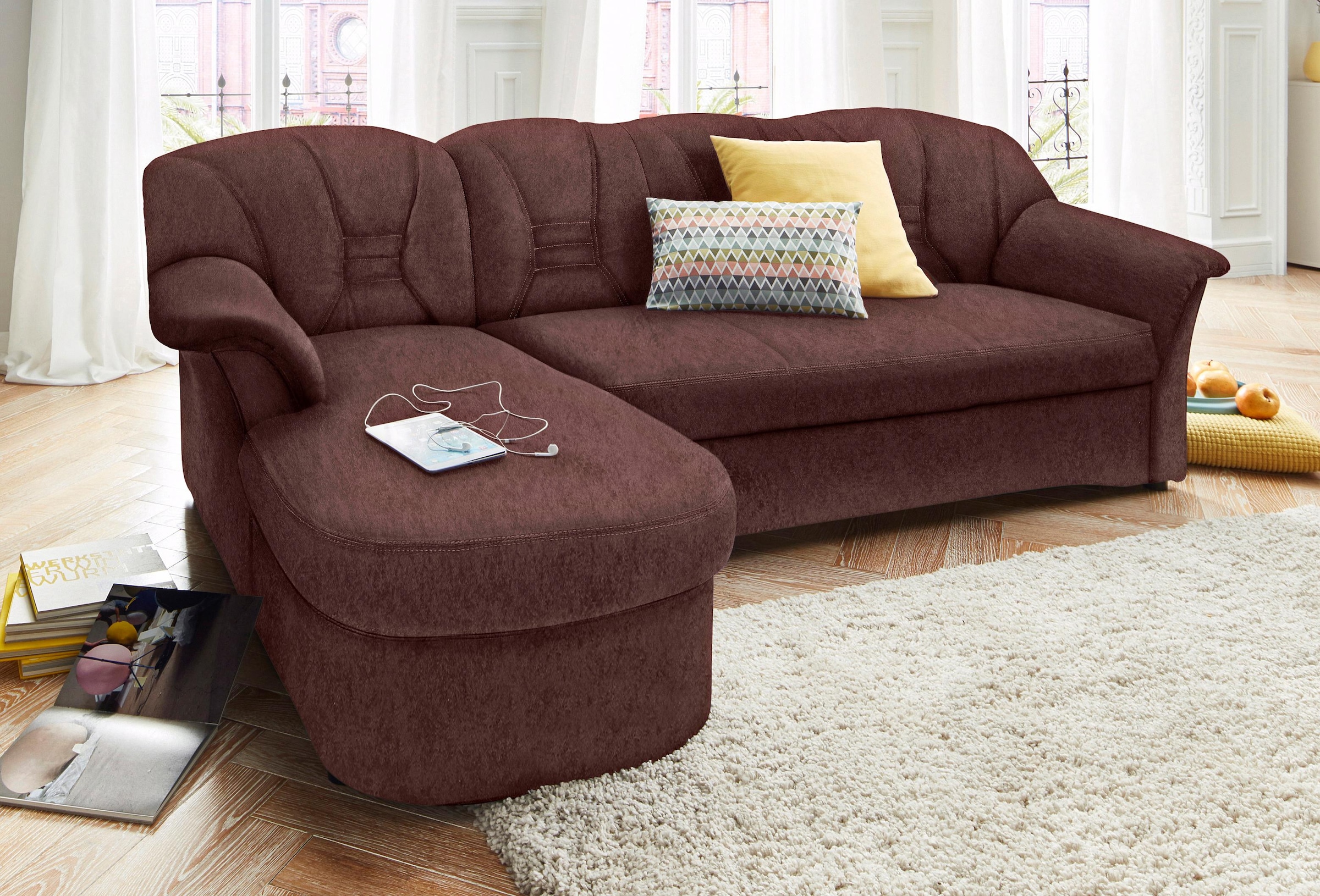 DOMO collection Ecksofa "ELVA 233x142 cm, elegante Rückensteppung, L-Form" whlw. mit Bettfunktion und Federkern
