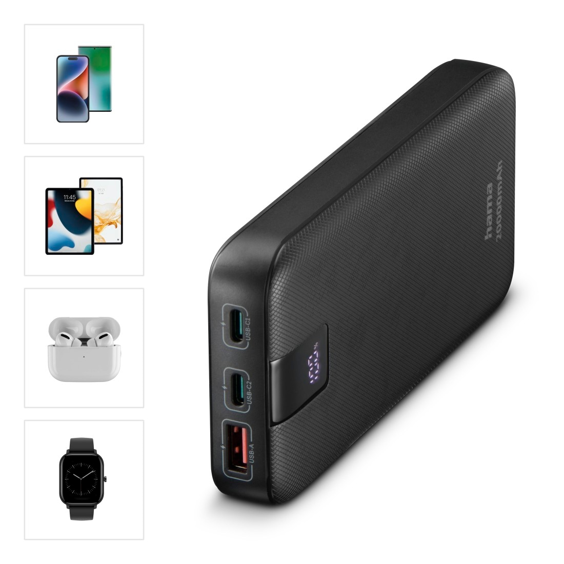 Hama Powerbank »Power Pack 20000 mAh, Schnellladen, 2x USB-C 1x USB-A, mit Ladekabel«, 20000 mAh, Schnellladefunktion mit Power Delivery, Qualcomm® Quick Carge™ 3.0