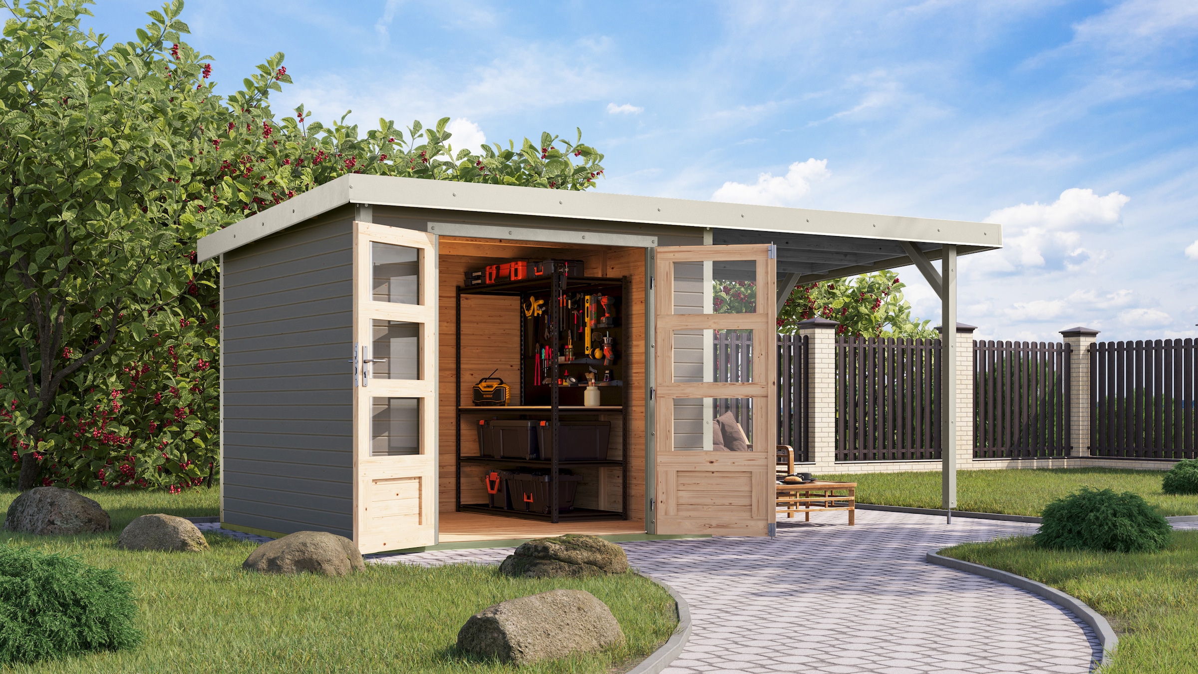 Gartenhaus KARIBUwassergrau, weiß, Holz, Stahl, Gartenhäuser, ""Jupiter 3,5 D" SET wassergrau, mit Anbaudach 2,35 m breit", hochwertige Materialien: