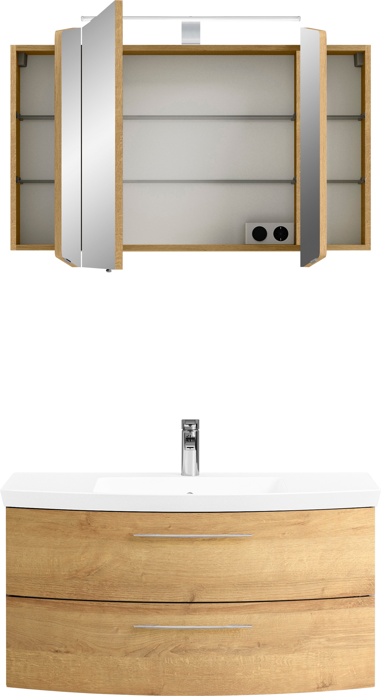Saphir Badmöbel-Set »Cassca Sprint 2-teilig Mineralmarmor-Waschtisch mit LED-Spiegelschrank«, (2 St.), Waschplatz mit 2 Schubladen, inkl. Dämpfer, 101 cm breit
