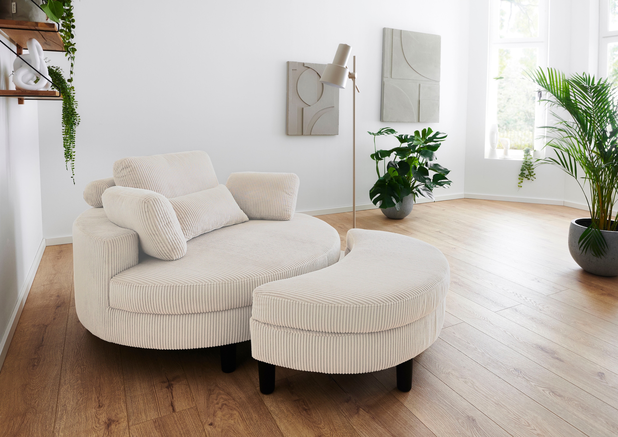 ATLANTIC home collection Loveseat »Ravi«, XXL- Sessel, inklusive Stauraumhocker, Rückenkissen & drei Zierkissen