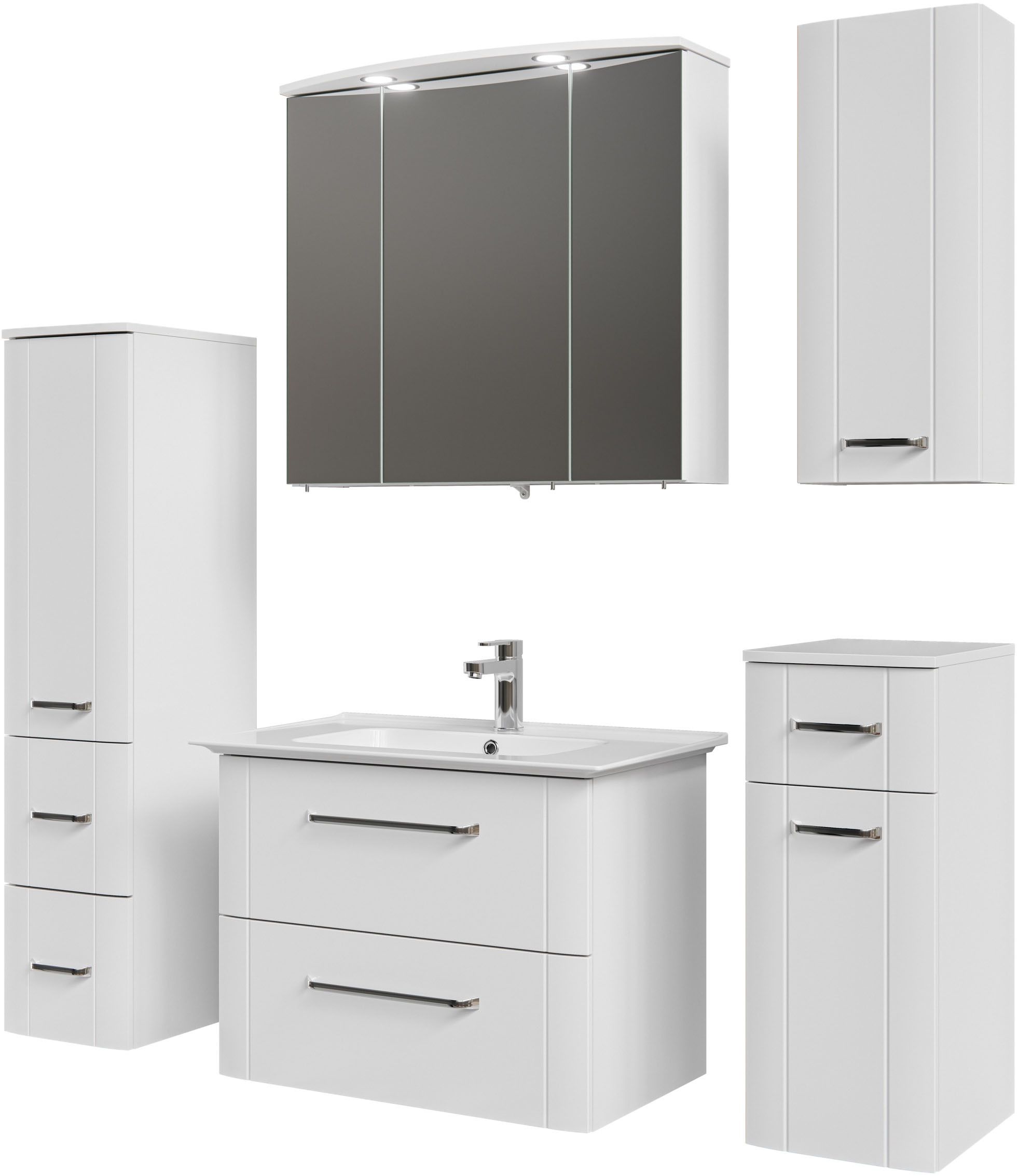 Saphir Badmöbel-Set »Badmöbel-Set Serie 3006 5-teilig Keramik-Waschtisch mit Spiegelschrank«, (6 St.), Badezimmer-Set mit Unterschrank, Hängeschrank, Midischrank, Türdämpfer