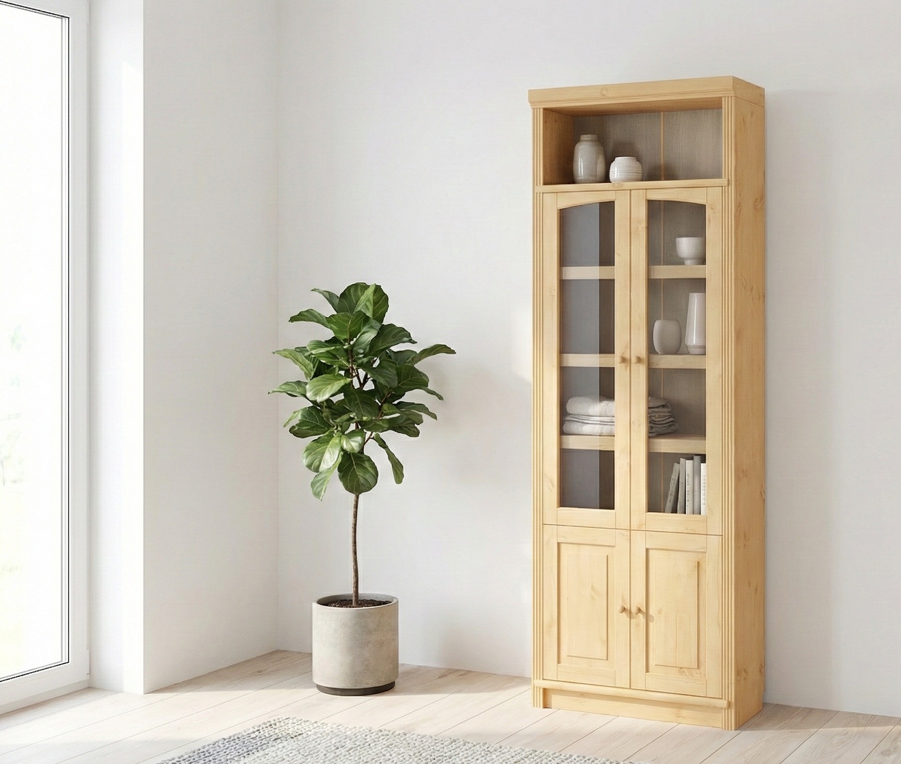 OTTO home Vitrine "Soeren Regal mit 2 Glastüren und 2 Holztüren, B/TH: 80/29/220 cm" Kiefer FSC-zertifiziert, 1 offenes Fach, 6 Fächer hinter den Türen