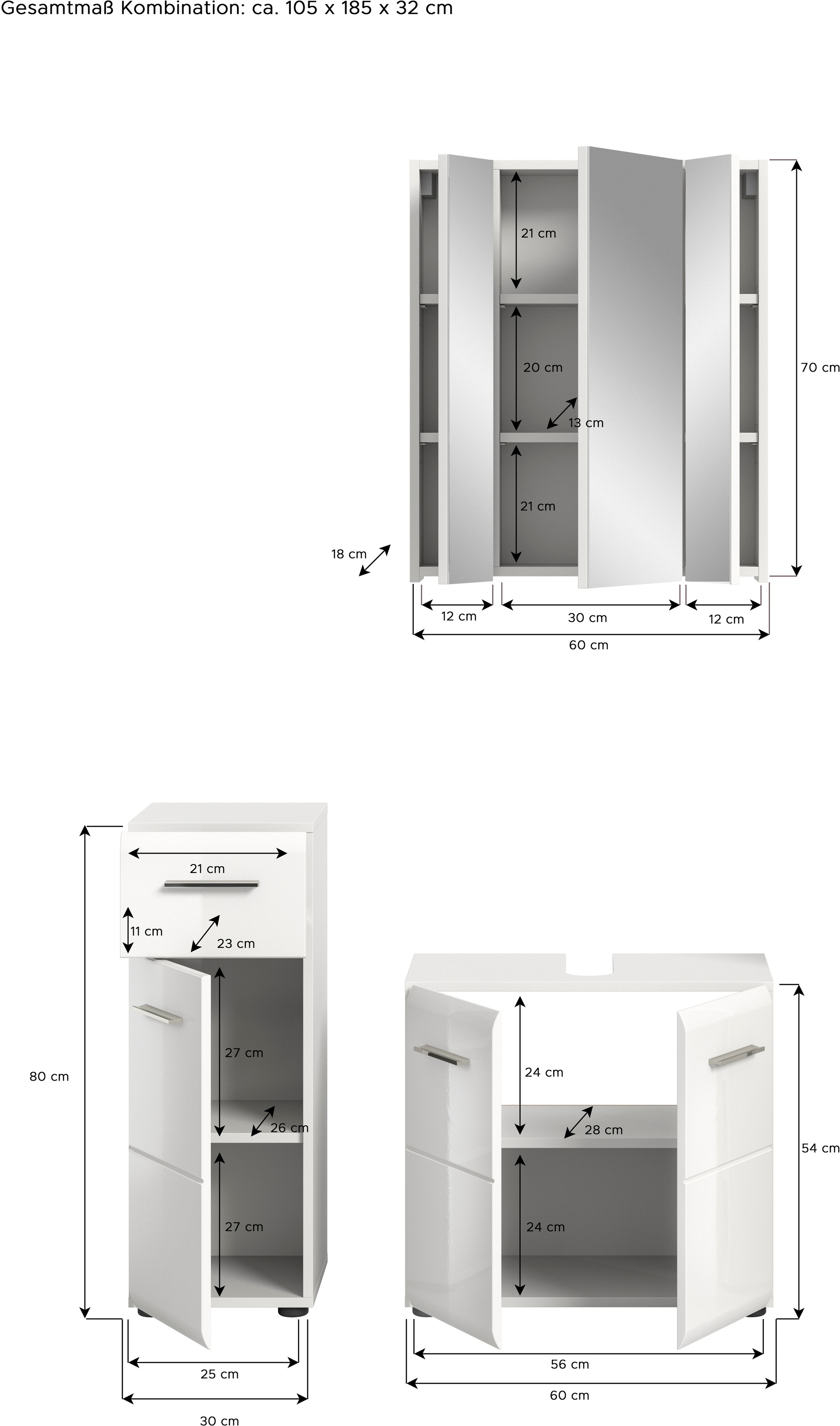 INOSIGN Badmöbel-Set »FLORENZ, TOPSELLER!, 3-teilige Badkombination, hochwertige MDF-Front«, (best. aus: 1 Unterschrank, 1 Waschbeckenunterschrank, 1 Spiegelschrank), Bad-Kombination, Bad-Möbel, Badezimmer, Kombination, Kombi