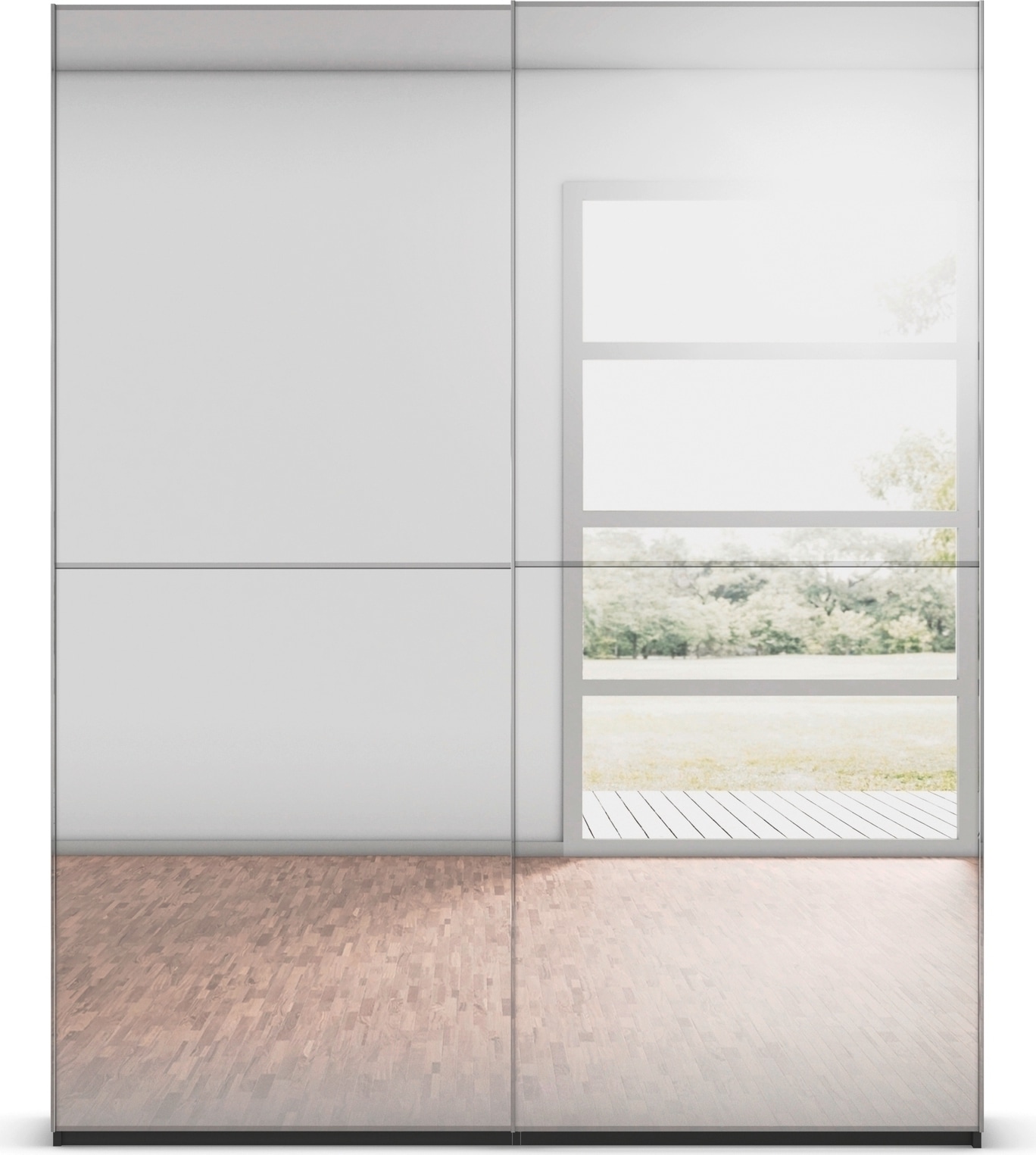 rauch Schwebetürenschrank »Kleiderschrank Schrank Garderobe Schlafzimmerschrank SCALE-DUO«, edle zweigeteilte Türen Spiegelfront und 3 Zierleisten MADE IN GERMANY