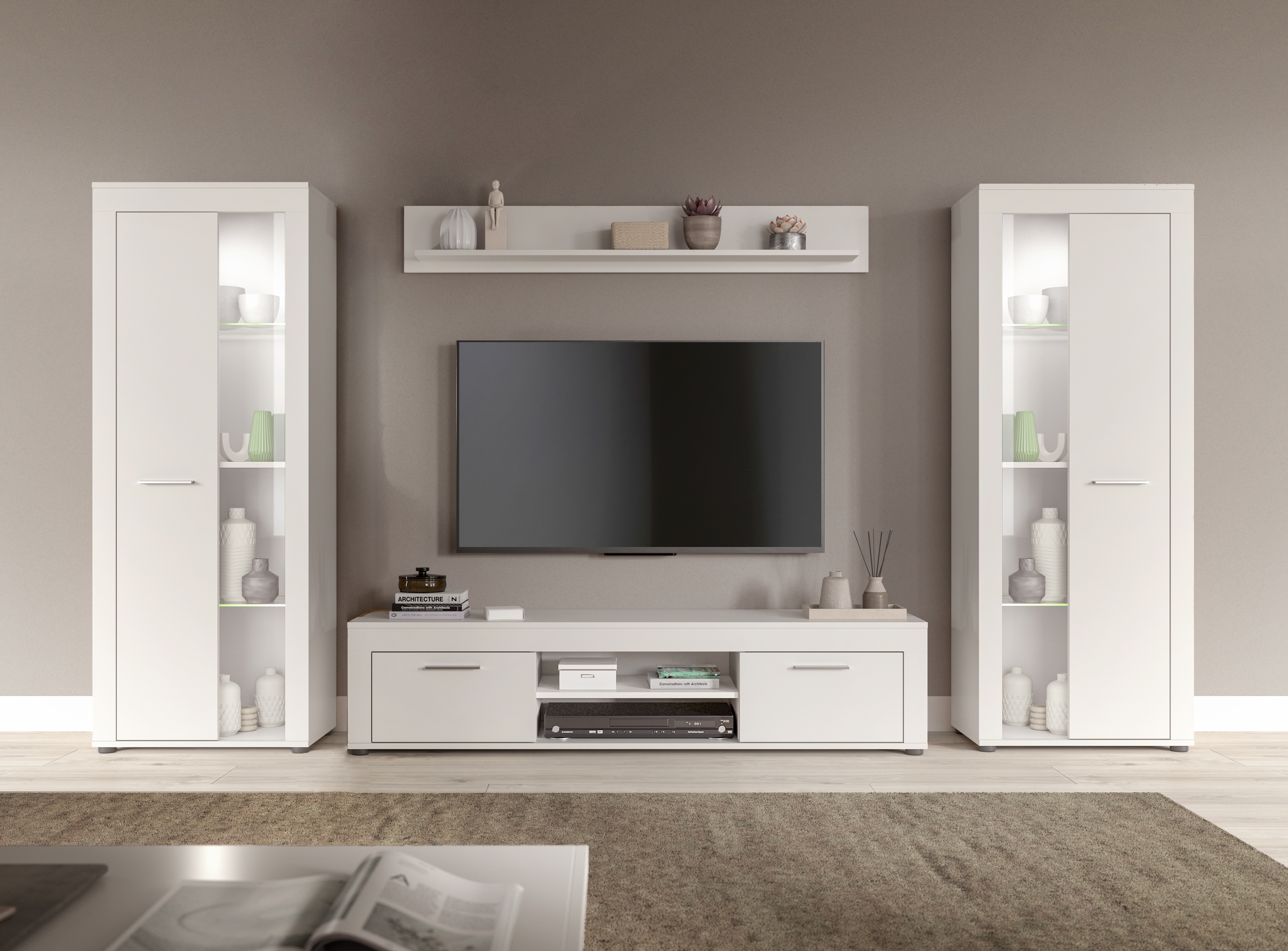OTTO home Wohnwand "AOSTA, Breite 310cm, 4-teilige Wohn-Kombination" bestehend aus: 2x Vitrine, Lowboard, Wandboard
