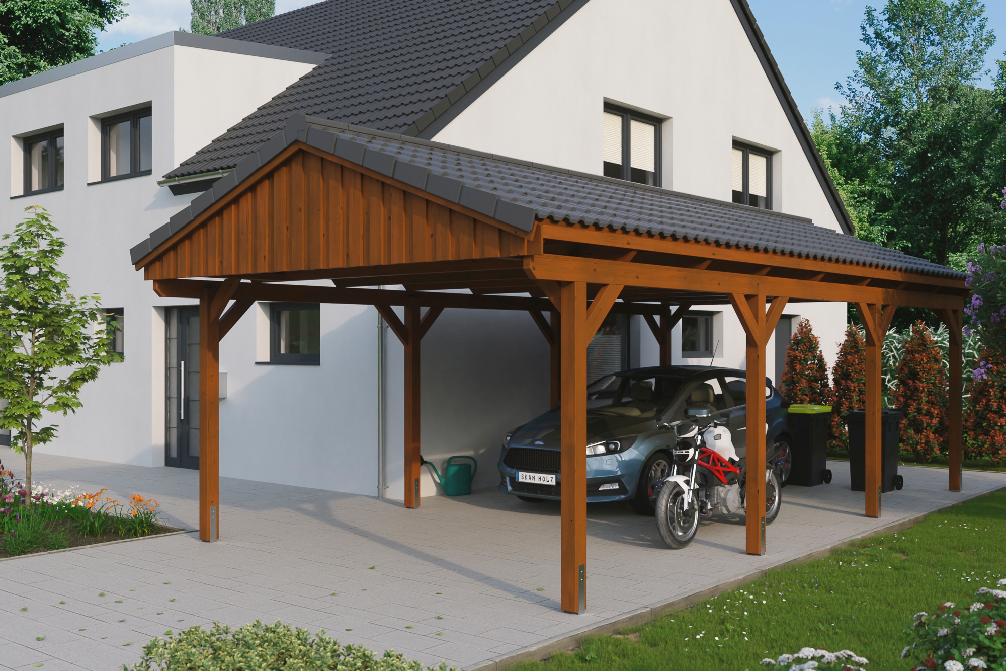 Skanholz Einzelcarport "Fichtelberg" Leimholz braun mit Dachlattung