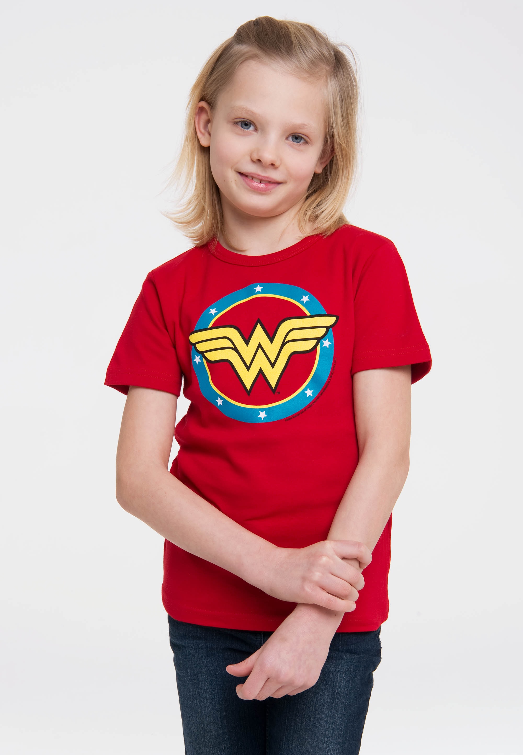 T-Shirt LOGOSHIRT "DC - Wonder Woman Logo Circle", Mädchen, Gr. 92/98, rot, 100% Baumwolle, bedruckt, normal, Rundhals, Shirts T-Shirt, mit Wonder Woman-Logo