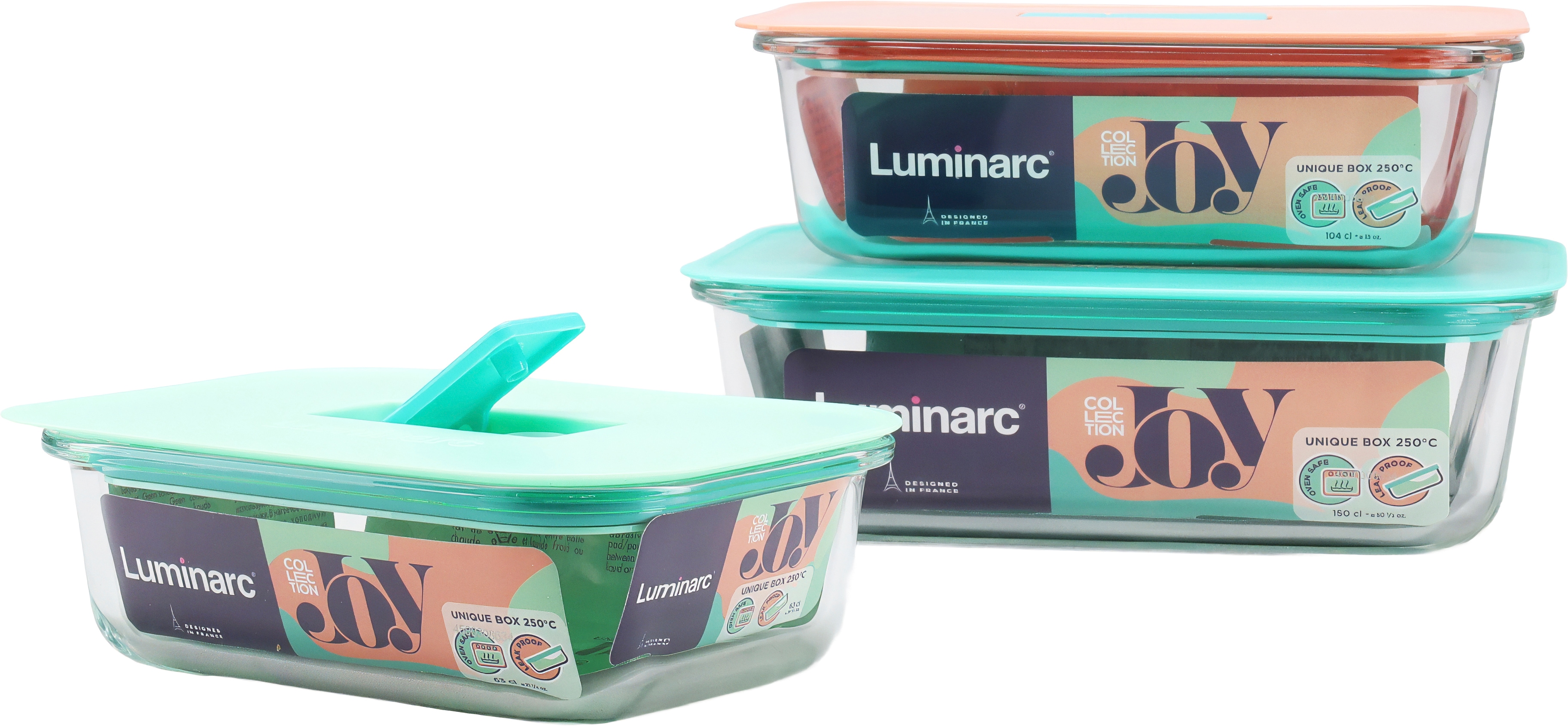 Luminarc Aufbewahrungsschüssel "Unique - Dosenset rechteckig 3-tlg" Porenfreies Glas, Robustes Spezialglas