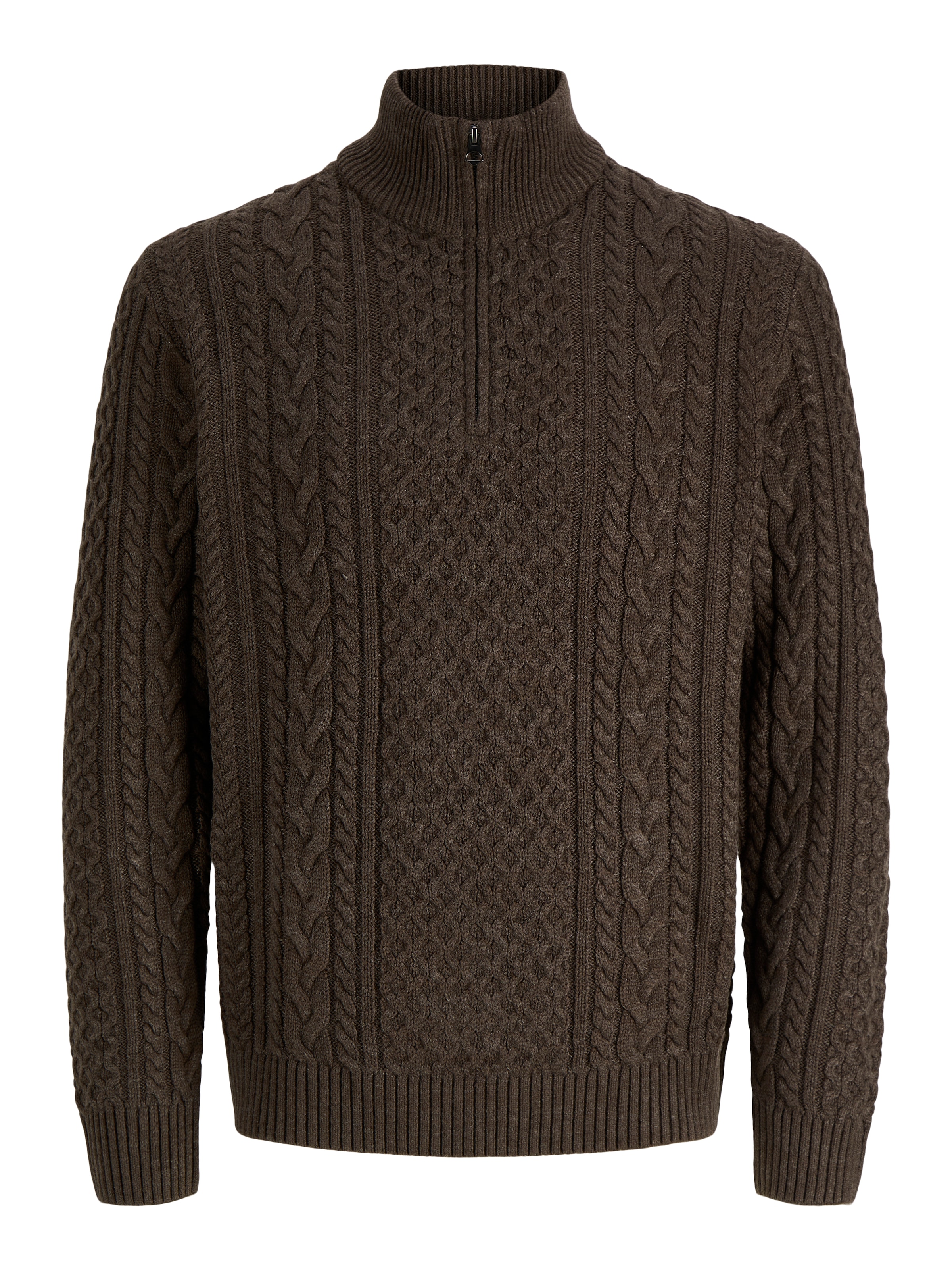 JACK & JONES Herren Strickpullover "JPRBLUCALLUM CABLE KNIT HALF ZIP", braun, Gr. S, meliert, Strick, Obermaterial: 57% Polyacryl, 43% Baumwolle,