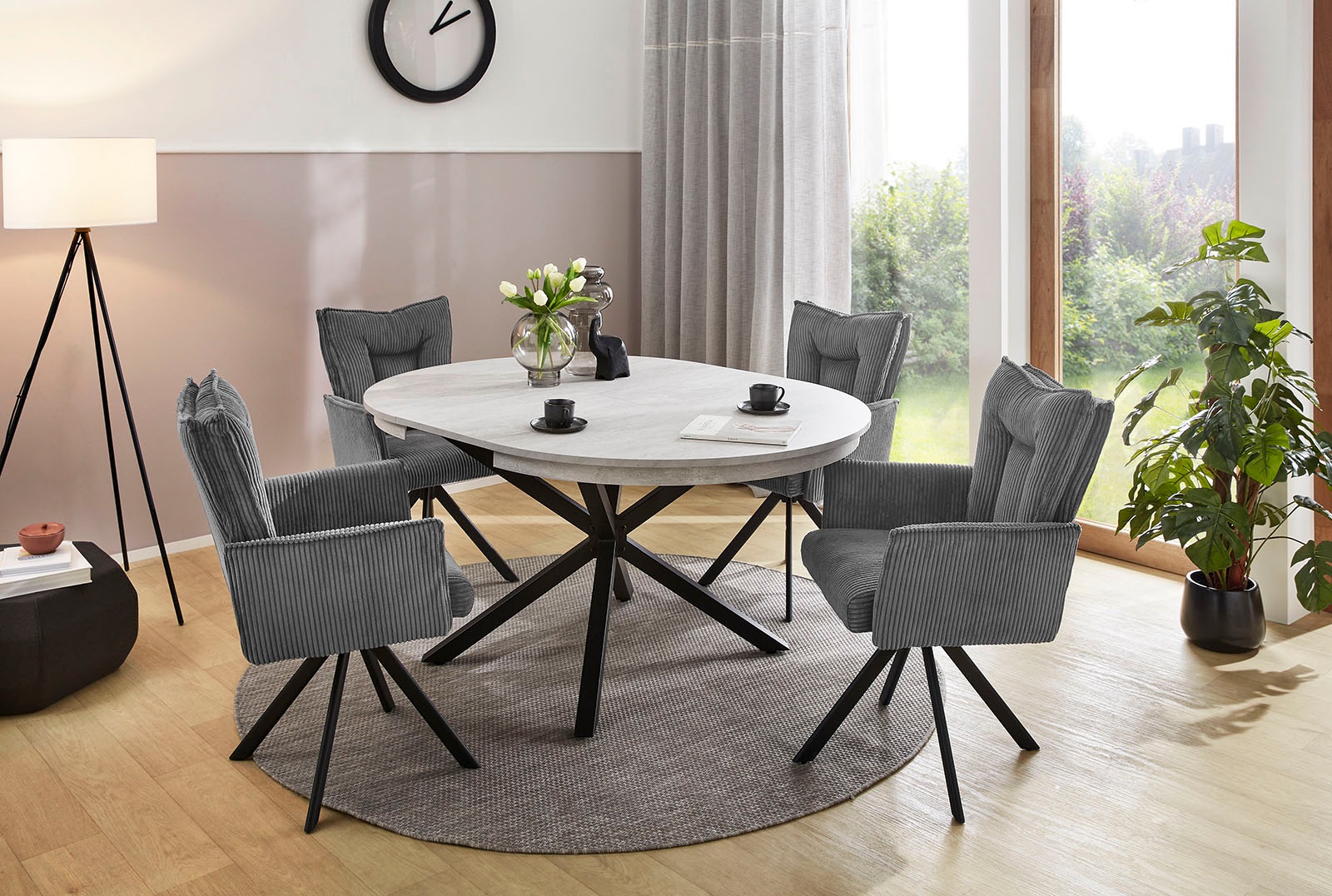 Esstisch JOCKENHÖFER GRUPPE "Olbia", schwarz (schwarz, beton), B:120cm H:77cm T:120cm, Tische, Esstisch, rund, ausziehbar (120-160cm), platzsparend, Metalluntergestell 2