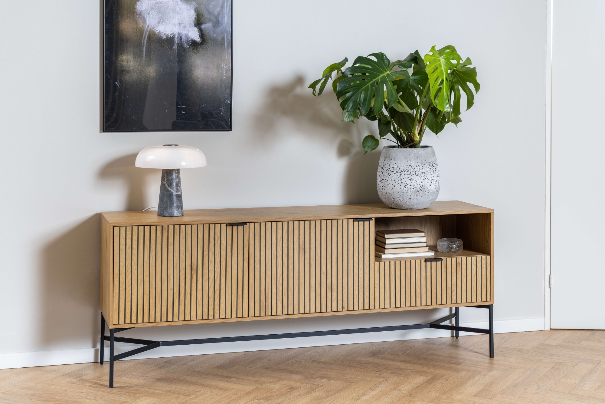 ACTONA GROUP Sideboard "Jaipur Anrichte, Kommode,", Eiche-Optik, 2 Türen, 2 Einlegeböden, Lamellenfront