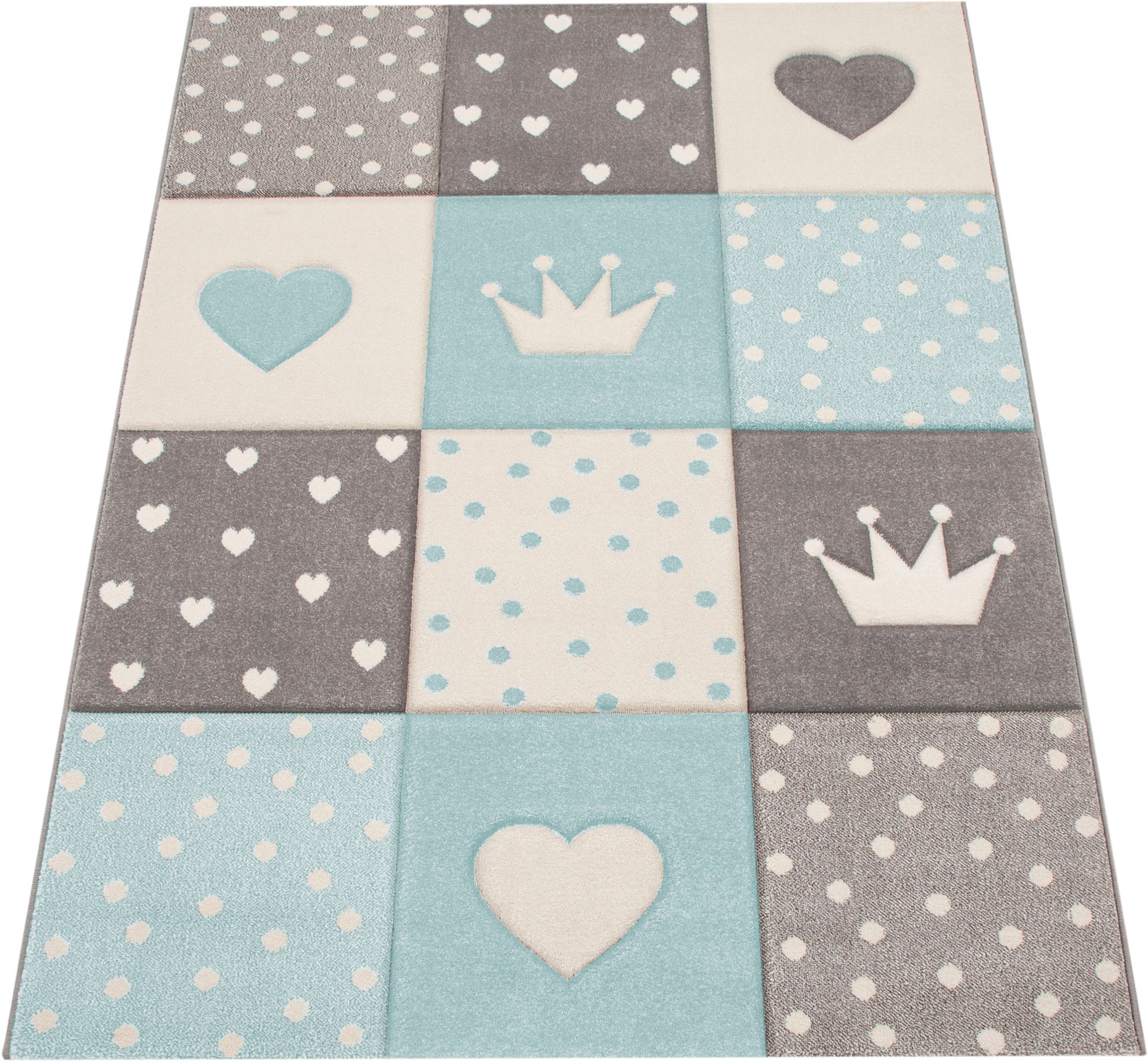 Paco Home Kinderteppich »Cosmo 339«, rechteckig, 16 mm Höhe, Kurzflor, Pastell-Farben, 3D-Effekt, Motiv Herz, Punkte & Krone