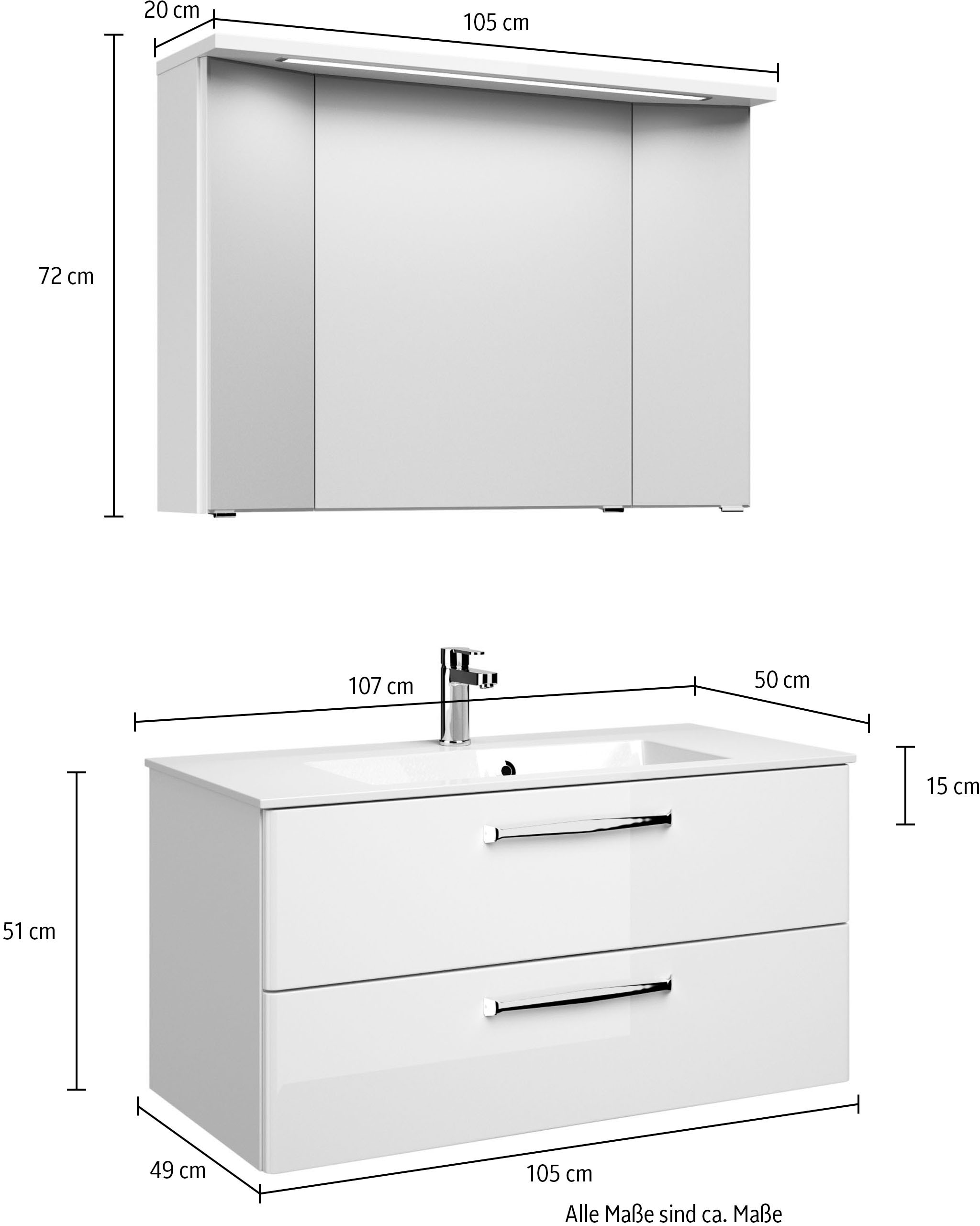 Saphir Badmöbel-Set »Trentino 2-teilig Mineralmarmor-Waschtisch mit LED-Spiegelschrank«, (3 St.), Badmöbel-Set 107cm breit, inkl. Türdämpfer, 3 Türen, 2 Auszügen