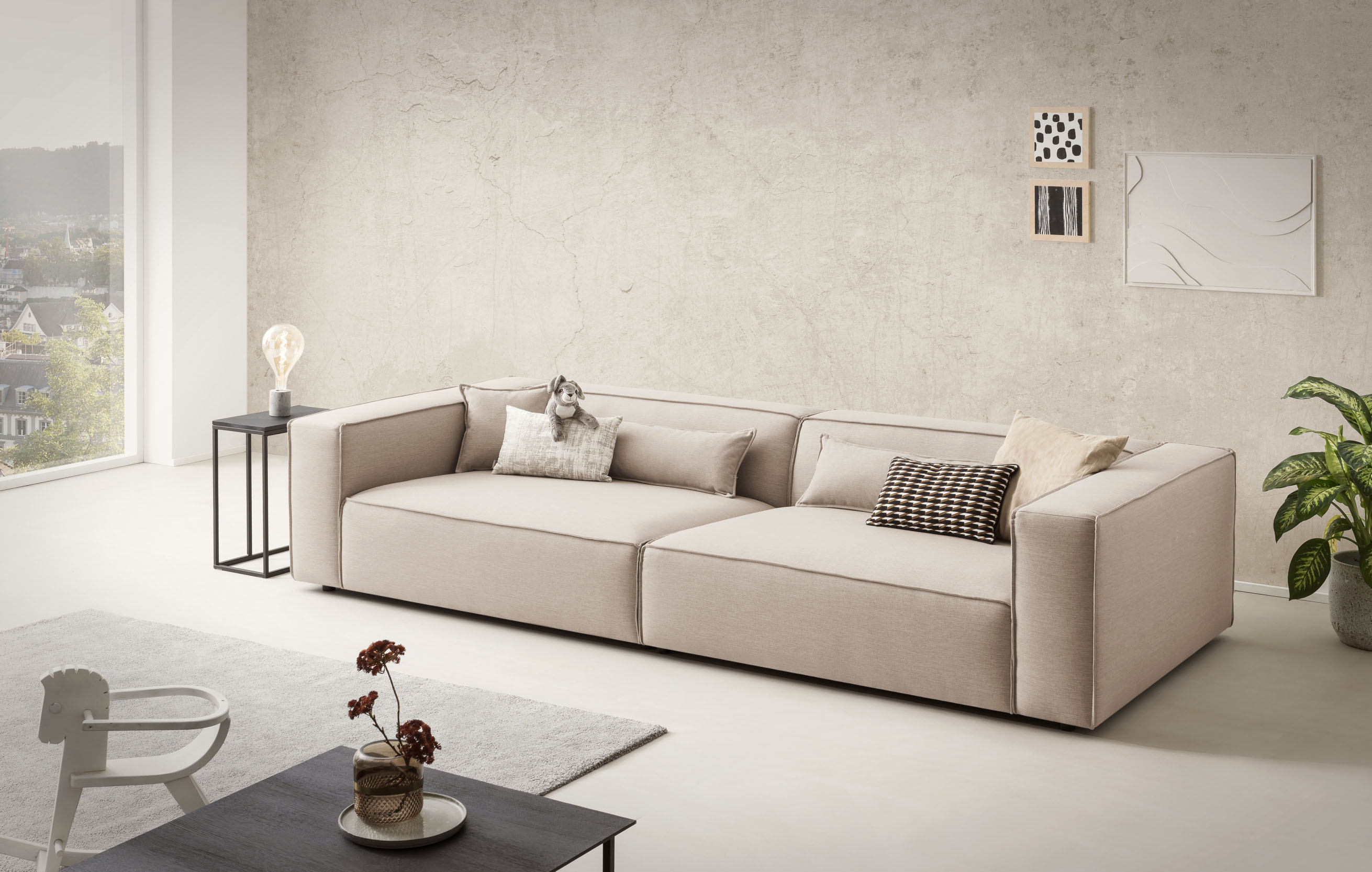 LeGer Home by Lena Gercke 3-Sitzer "PIARA XXL Struktur u. Leinenoptik, Sofa mit Kedernaht" schwarze Füße, bequemer Sitzkomfort, extra tiefe Sitzfläche