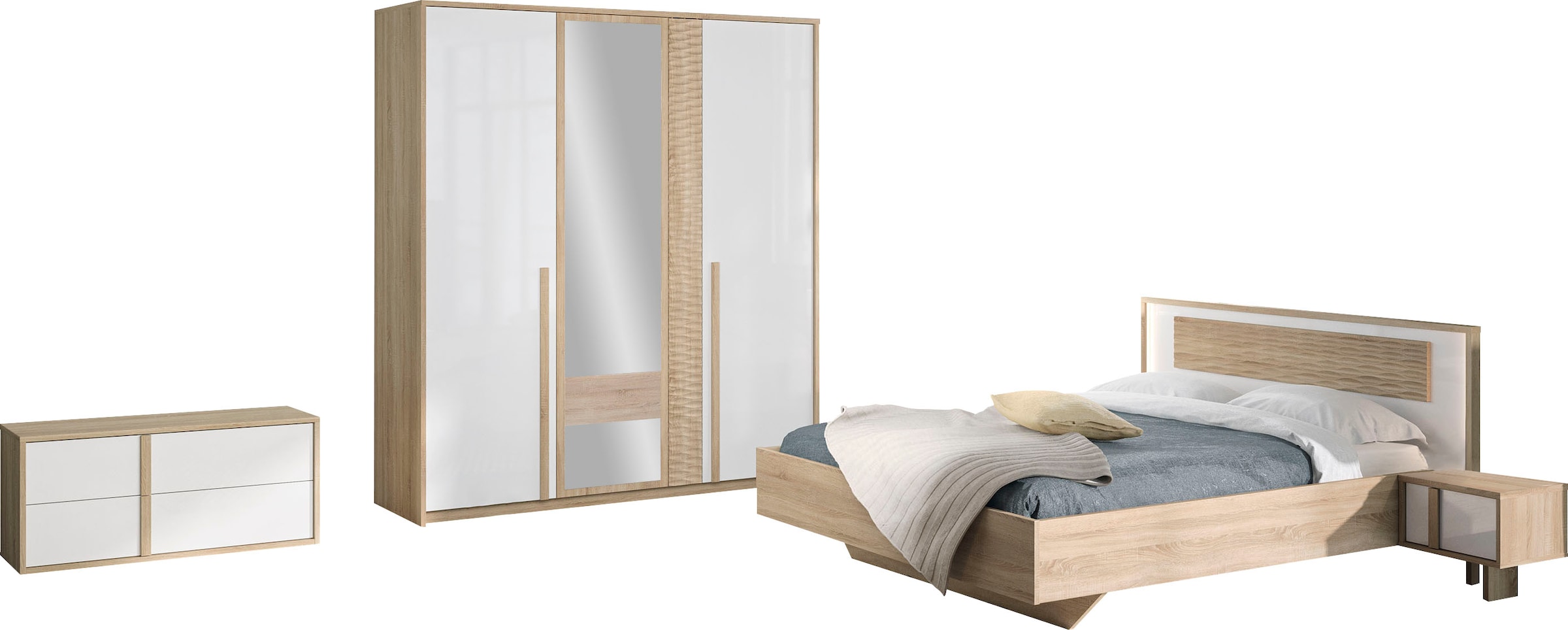 Schlafzimmer-Set »Curtys«, (5 St., 1x Bett, 2x hängende Nachttische, 1x Kleiderschrank...