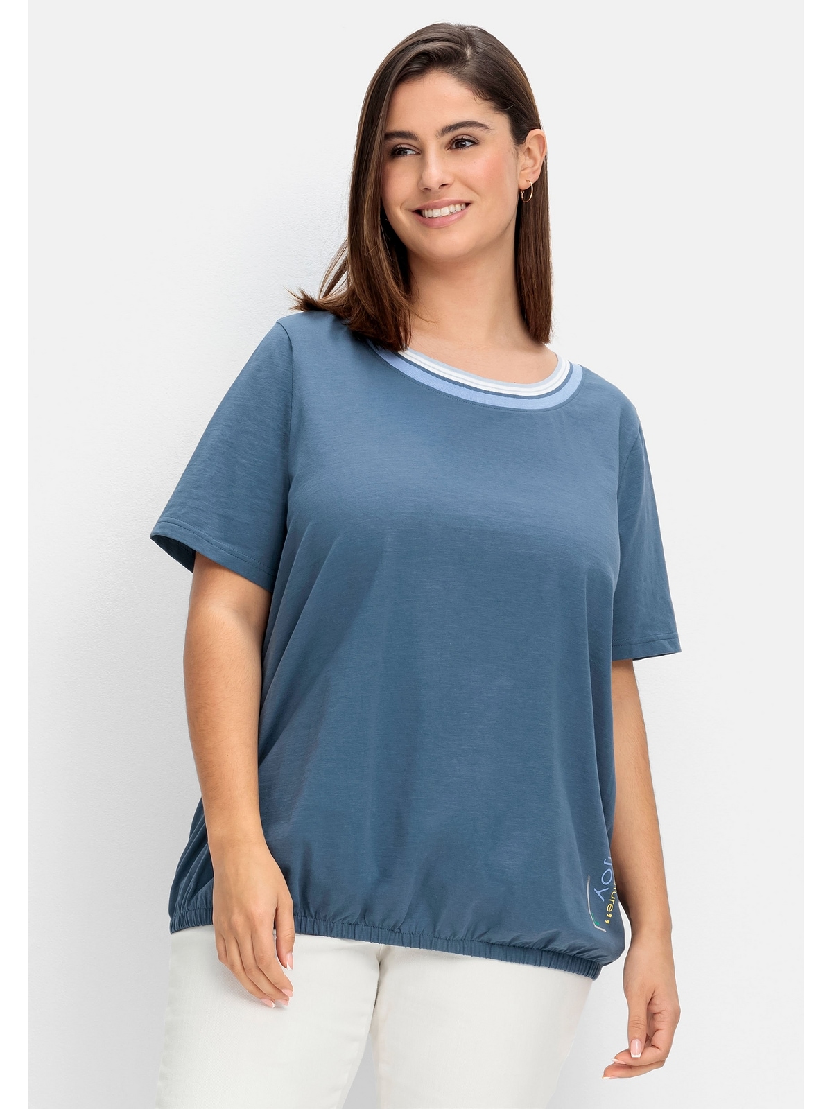 Sheego T-Shirt gestreifter | Größen«, Rippblende bestellen Gummizugbund mit und »Große BAUR