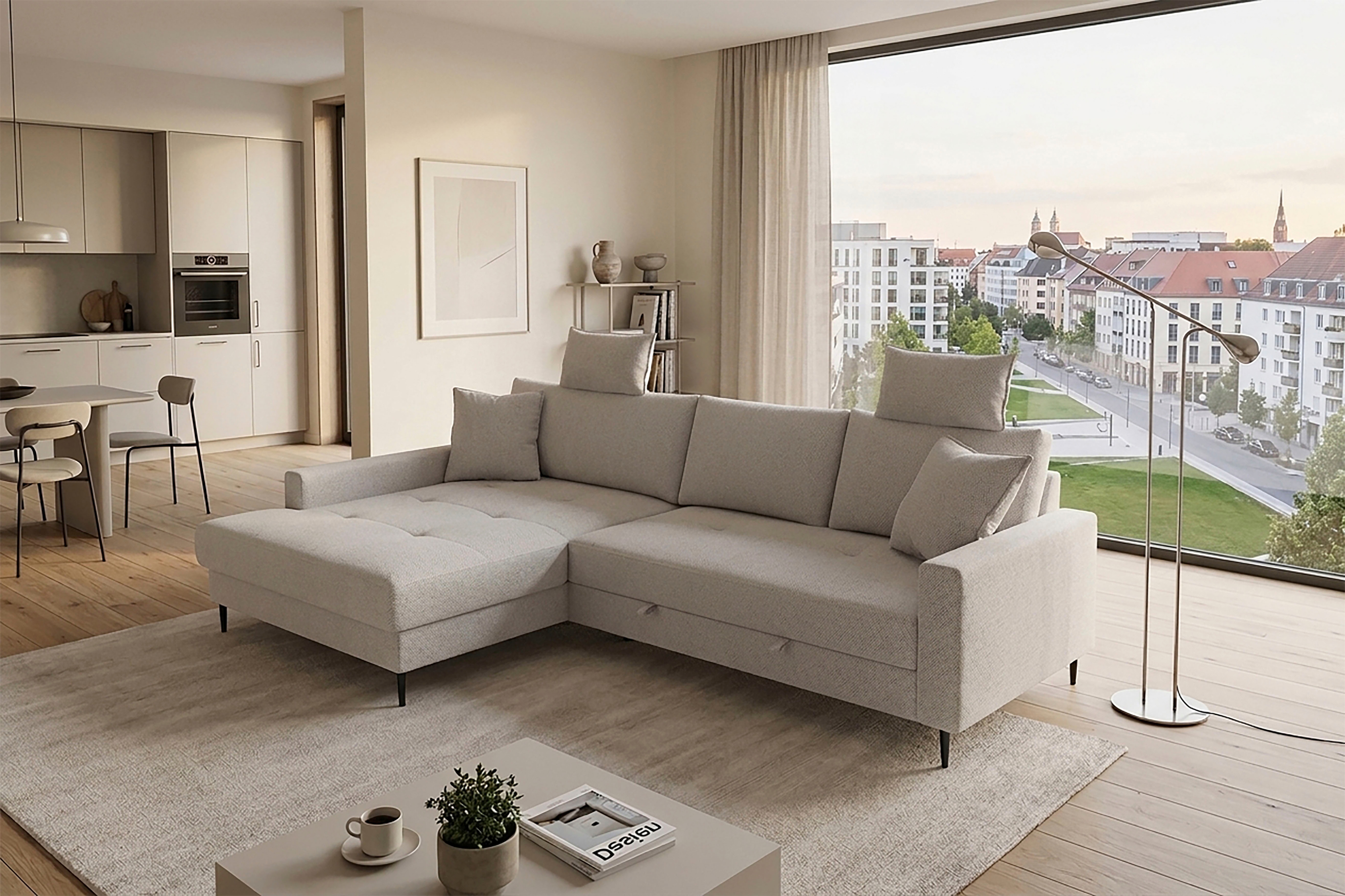 Trends by HG Ecksofa "Summer L-Form, B: 284 cm, Schlaffunktion, 2 Zierkissen" mit Kopfstützen, Wellenfederung, frei stellbar