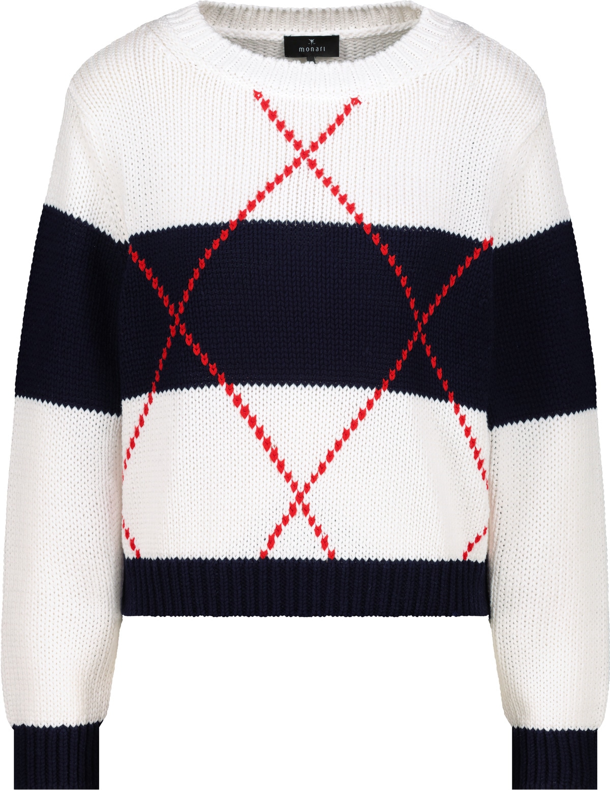 Monari Strickpullover Rundhalsausschnitt, Regular Fit, Bändchengarn mit Intarsie-Muster