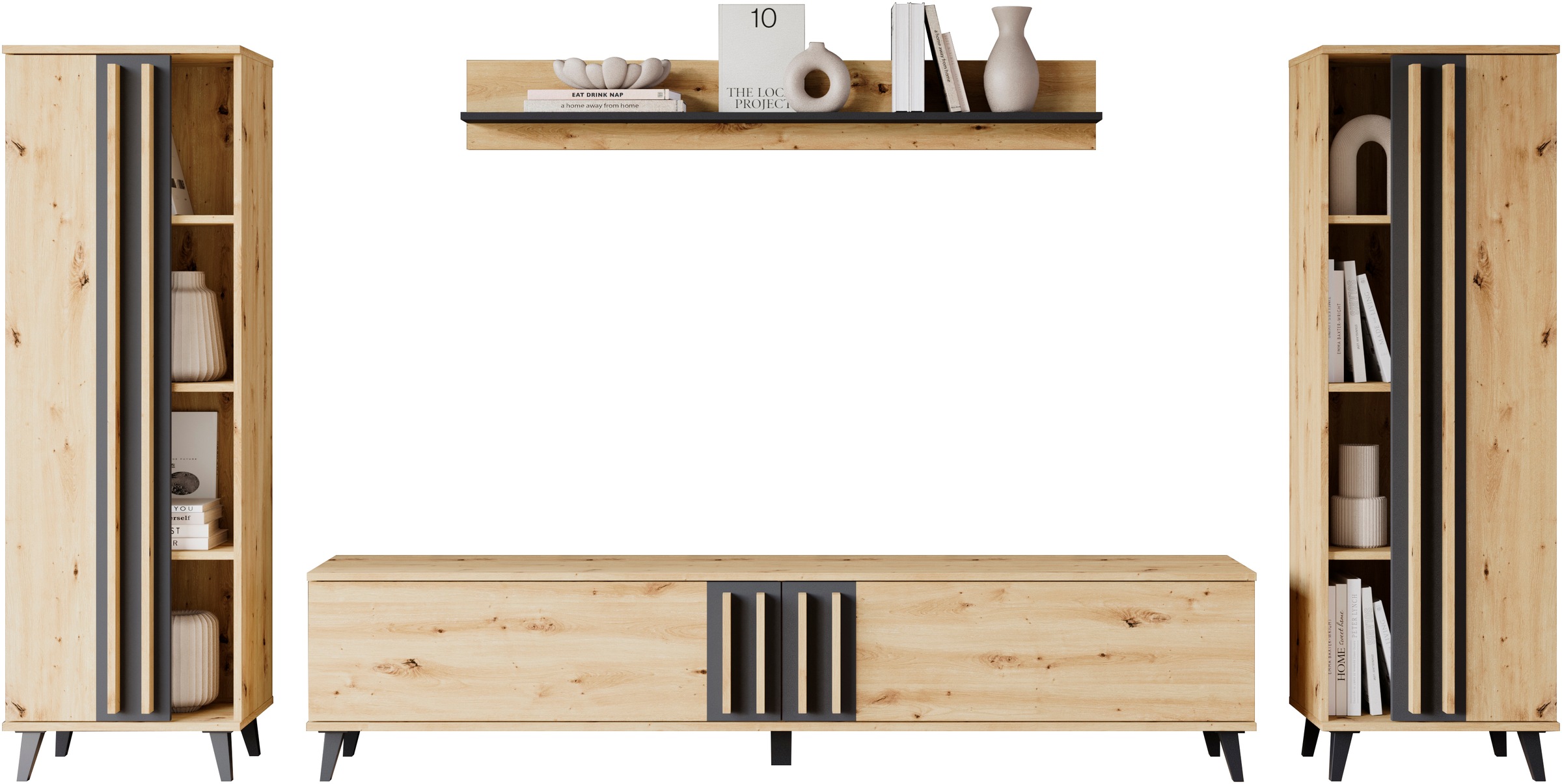 INOSIGN Wohnwand »Helsinki, Modernes Möbelset«, (Komplett-Set, 4 St.), mit lamellengriffen, verstellbaren Einlegeböden und Kunststofffüßen
