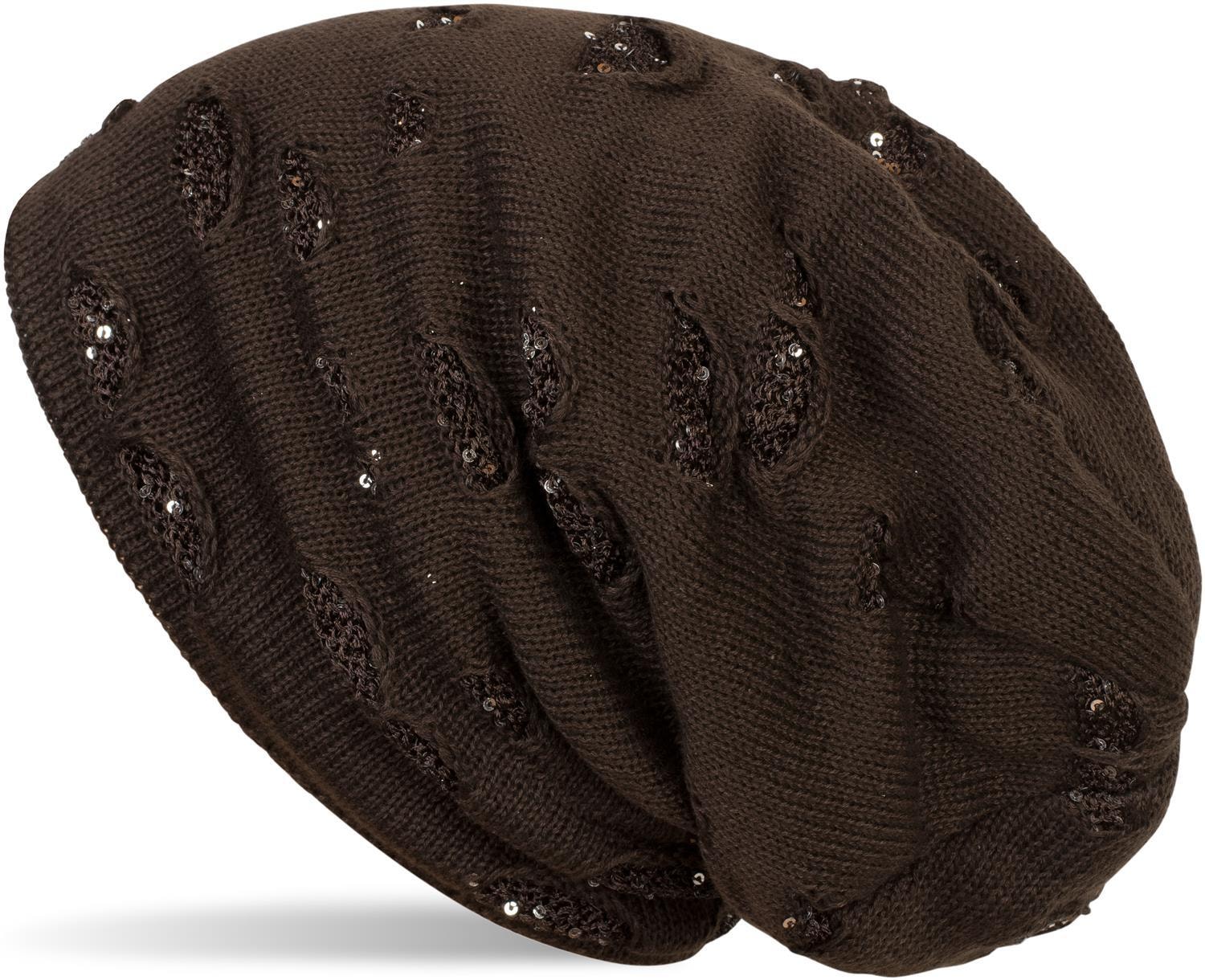 styleBREAKER Strickmütze "Feinstrick Beanie mit Pailletten im Destroyed Look" 1 Stk.