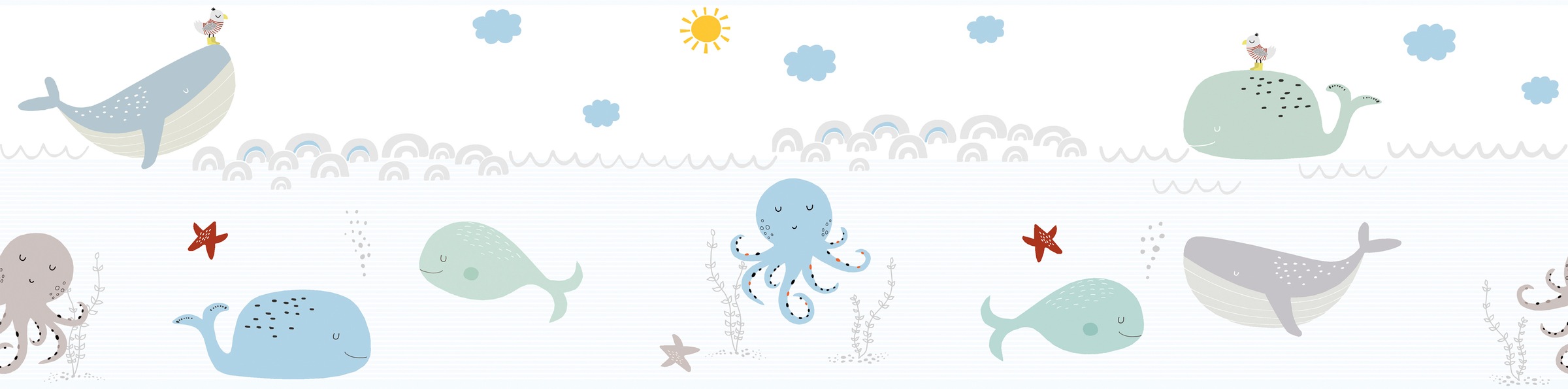 A.S. Création Bordüre "Ocean Party" Motiv abstrakt naturalistisch glatt Tapete Kinder Bordüre Wale Fische Borte Wohnzimmer Design Kinderzimmer