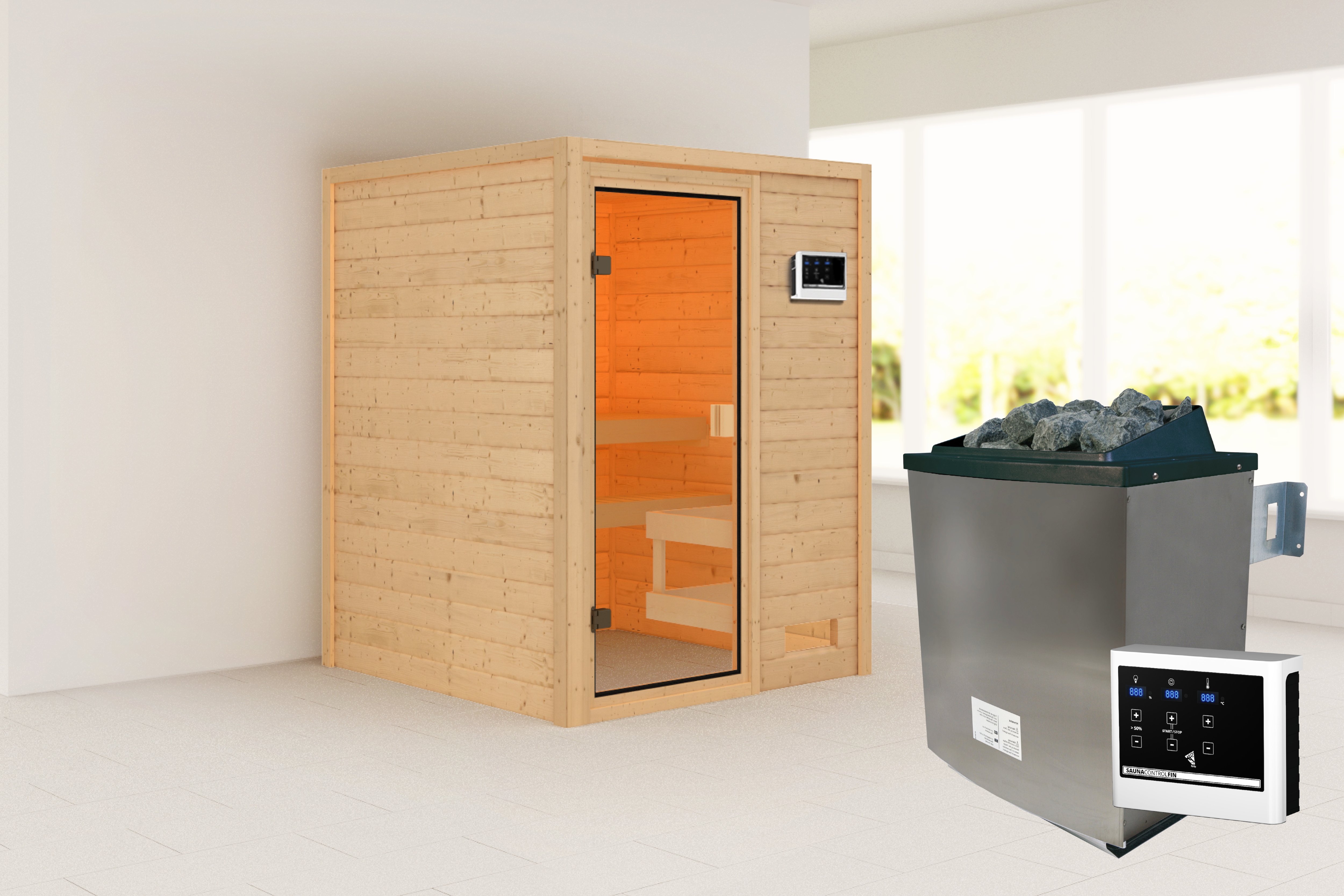 Karibu Sauna ""Sandy" mit bronzierter Tür SET, naturbelassen, mit Ofen 9 kW" aus hochwertiger nordischer Fichte