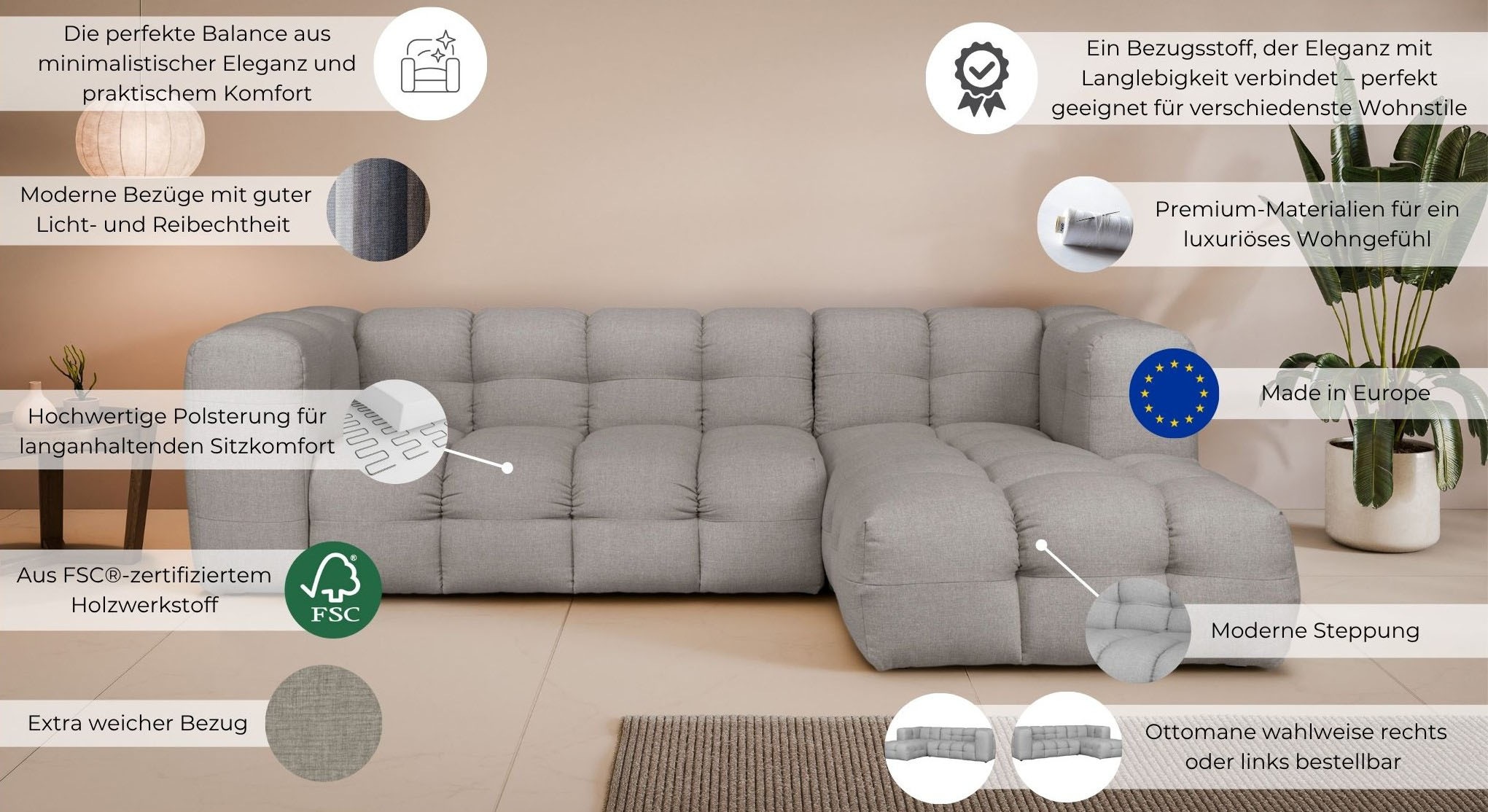 LeGer Home by Lena Gercke Ecksofa »TALISHA L-Form Designersofa, moderne Steppung, B/T/H: 276/178/75 cm«, aufwendig gepolstert, hoher Sitzkomfort