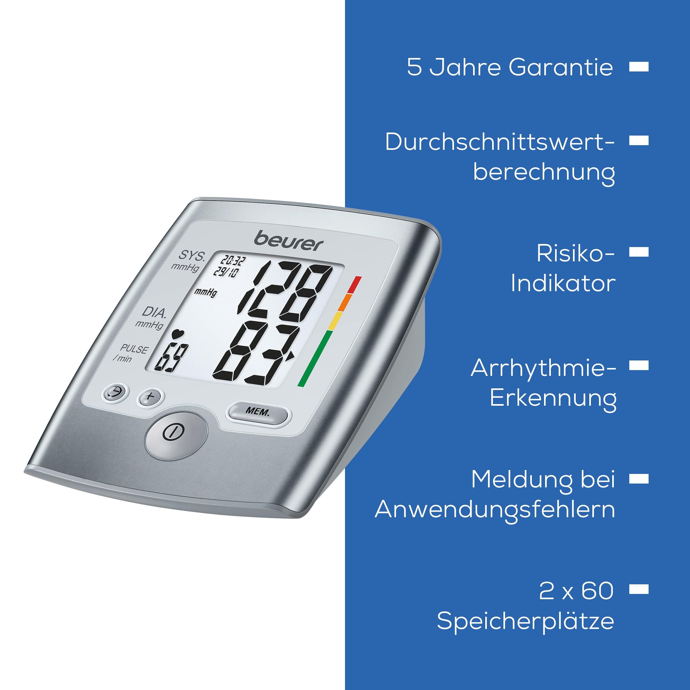 BEURER Oberarm-Blutdruckmessgerät »BM 35 mit farbigem Risikoindikator, Durchschnittswertberechnung«, Mit Arrhythmie-Erkennung, inkl. Aufbewahrungstasche und Blutdruckpass