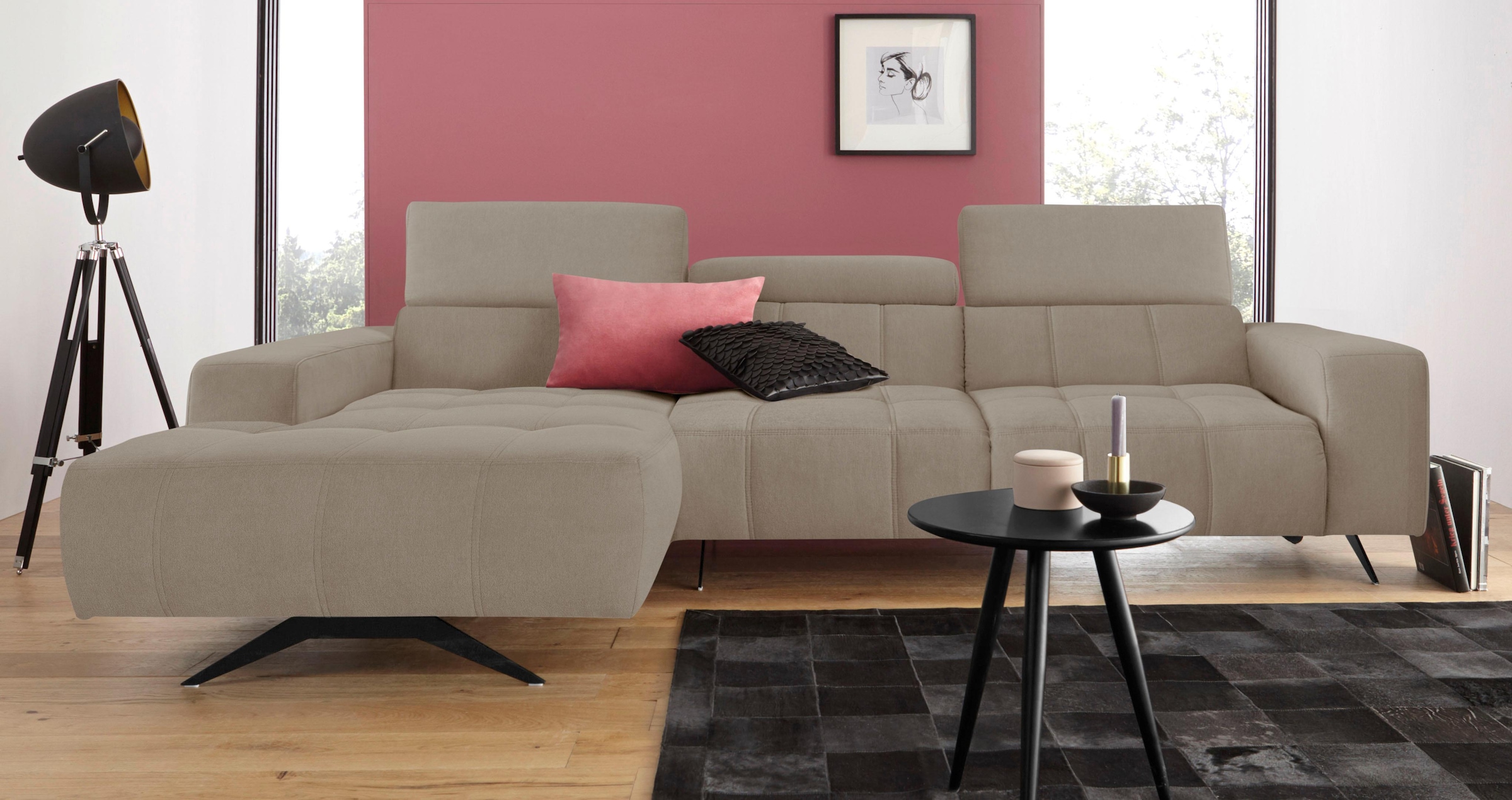 DOMO collection Ecksofa »Trento L-Form, mit Kufenfuß oder Einzelfuß«, wahlweise mit Kopfteilverstellung, Recamiere links/rechts bestellbar