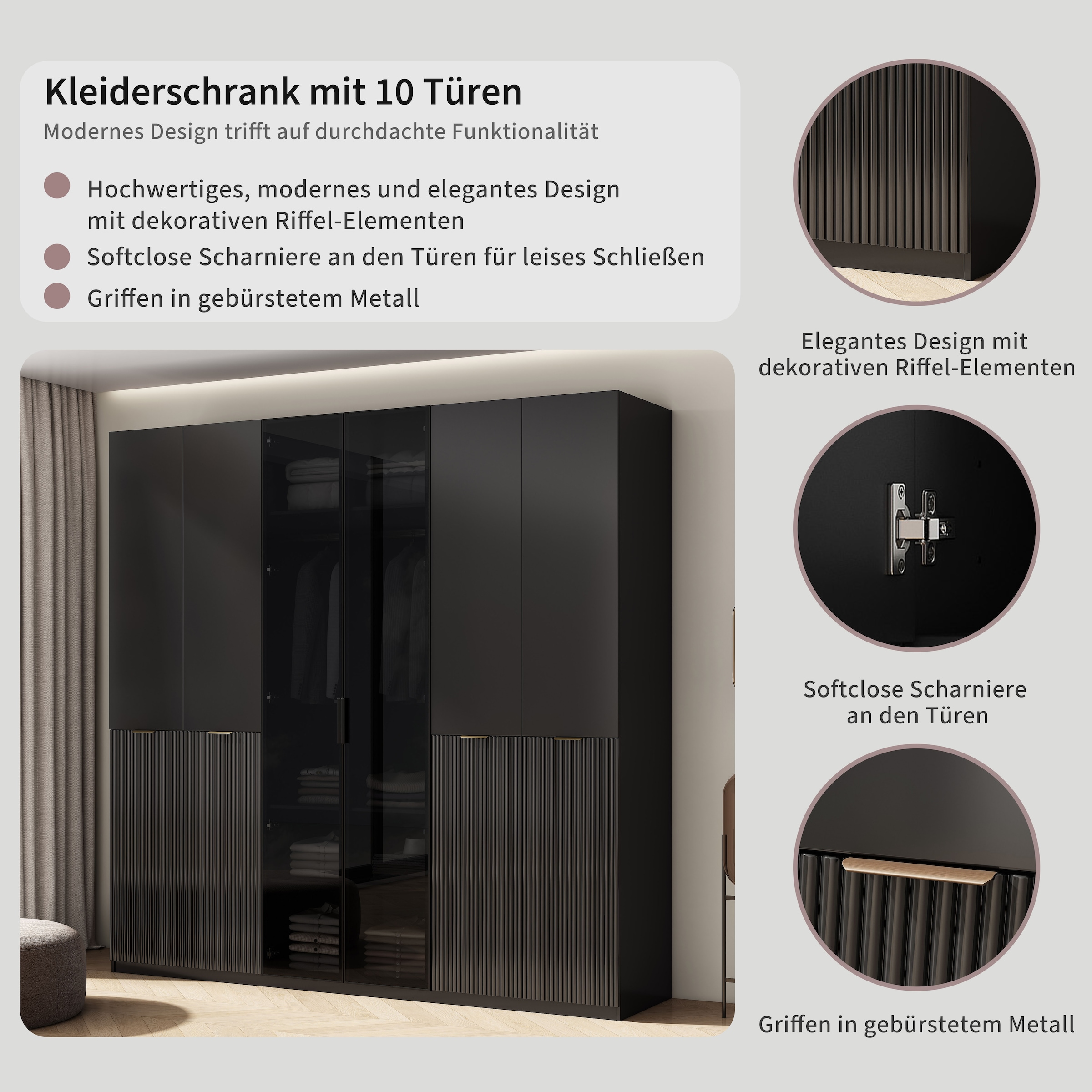 OTTO home Kleiderschrank »Jorella Schlafzimmerschrank Garderobe mit Softclose Türen Glastüren« eleganter Schlafzimmerschrank Rillendesign Trend Breite 241cm Grauglas