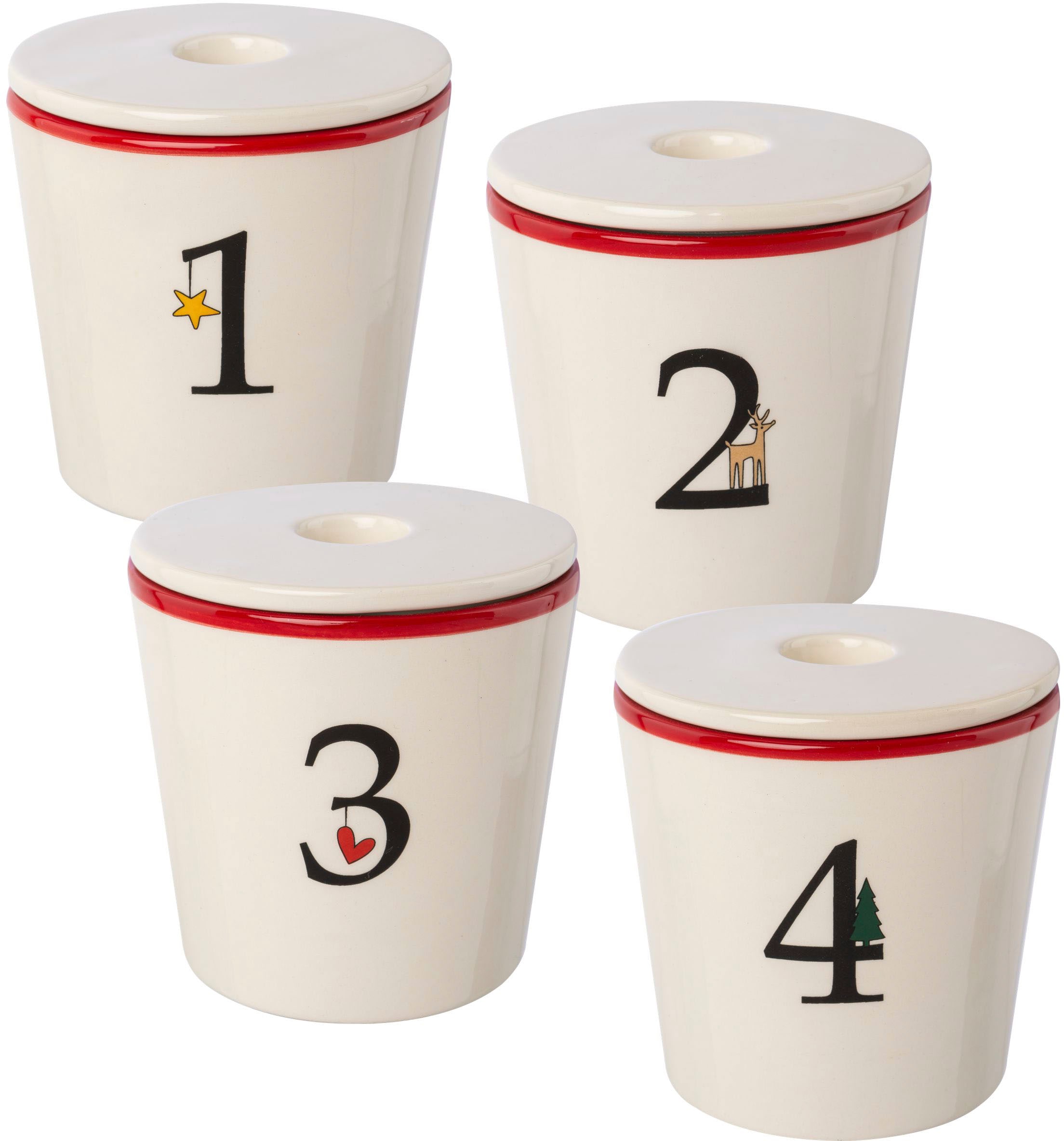 Creativ deco Kerzenhalter "Stabkerzenhalter für die Adventszeit, Weihnachtsdeko", (Set, 4 St.), Becher aus Keramik mit C