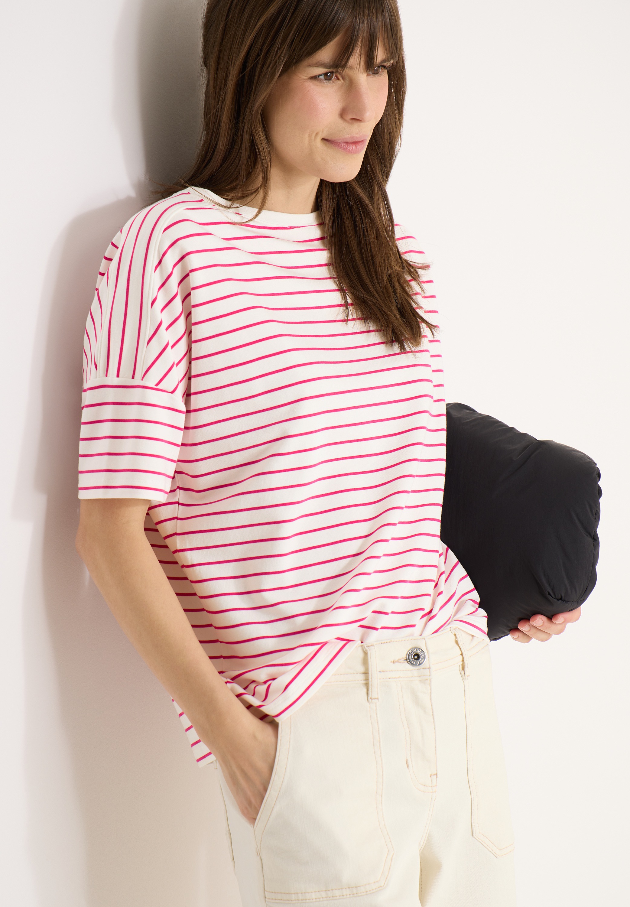 T-Shirt CECIL, Damen, Gr. XXL (46), beetroot pink, Web, 48% Baumwolle, 48% Modal, 4% Elasthan, gestreift, comfort fit normal, U-Boot-Ausschnitt, Bündchen, Shirts T-Shirt, mit U-Boot-Ausschnitt