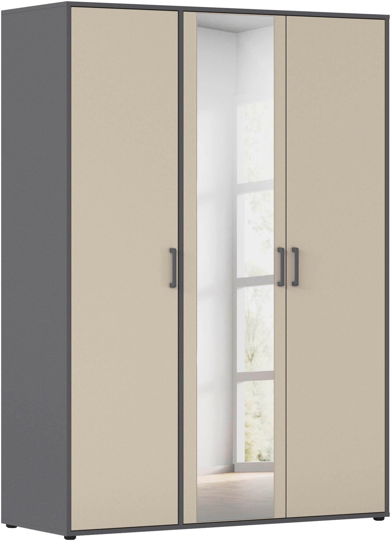 rauch 1100000002199 "Kleiderschrank Schrank Garderobe Wäscheschrank VOYAGER" in 3 verschiedenen Ausstattungen BASIC/CLASSIC/PREMIUM, mit modernen Griffen in Graumetallic und Spiegel