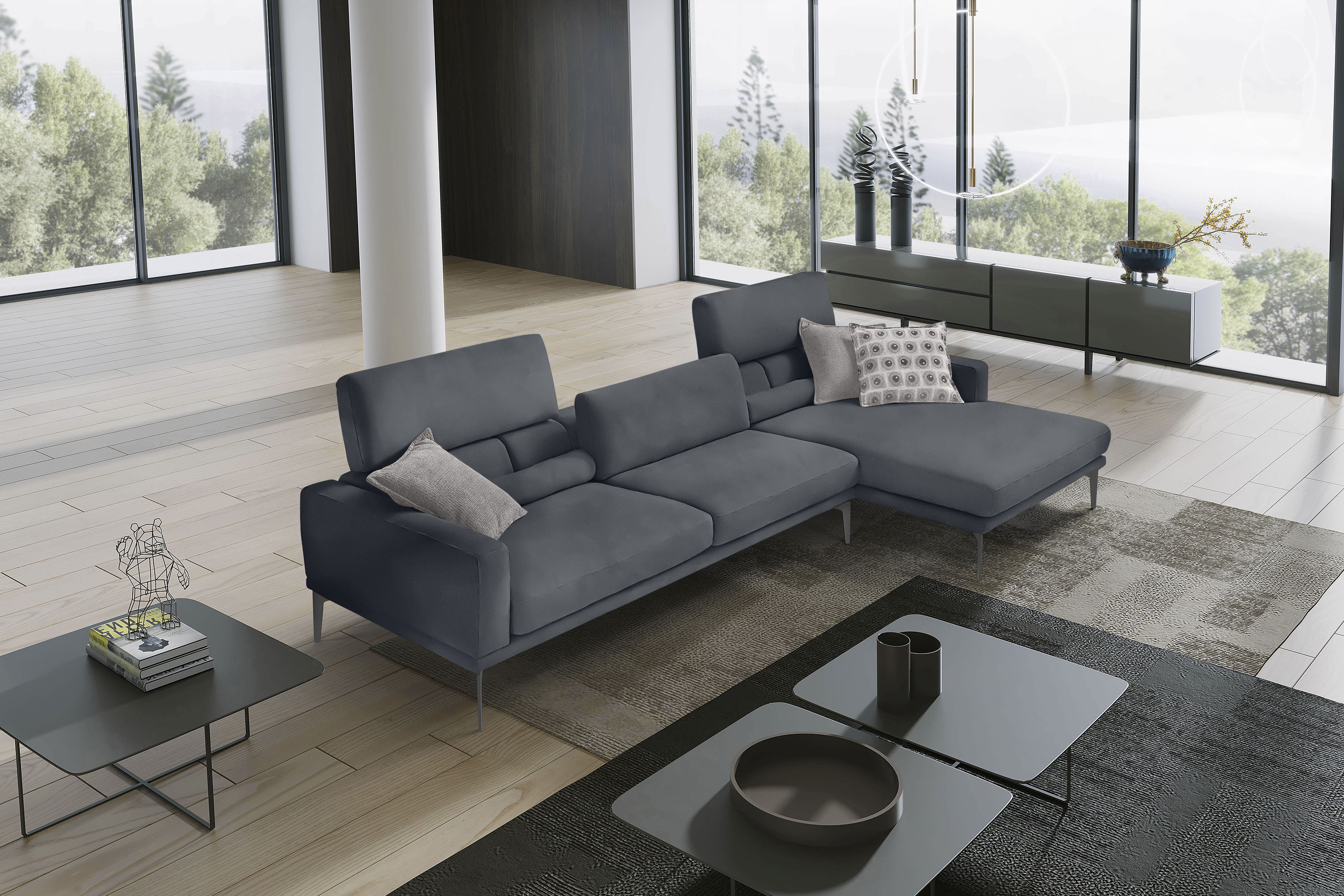 Egoitaliano Ecksofa "Masu, Design trifft sensationellen Sitzkomfort, Breite 277cm, L-Form" inkl. 2 Kissenrollen, Rückenelemente manuell verstellbar, Metallfüße