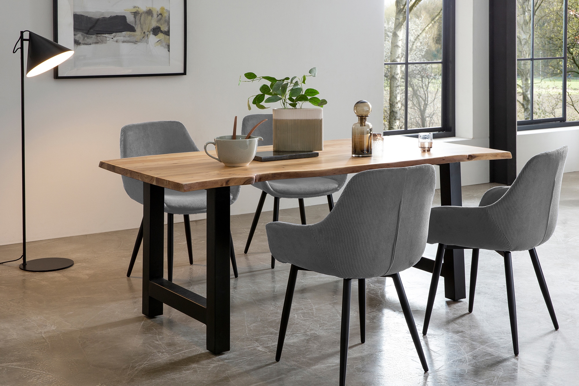 Essgruppe SALESFEVER, grau, Massivholz, Metall, Polyester, Sitzmöbel-Sets, "Elegante Essgruppe für stilvolles Speisen", Massivholz geölt und zweifach