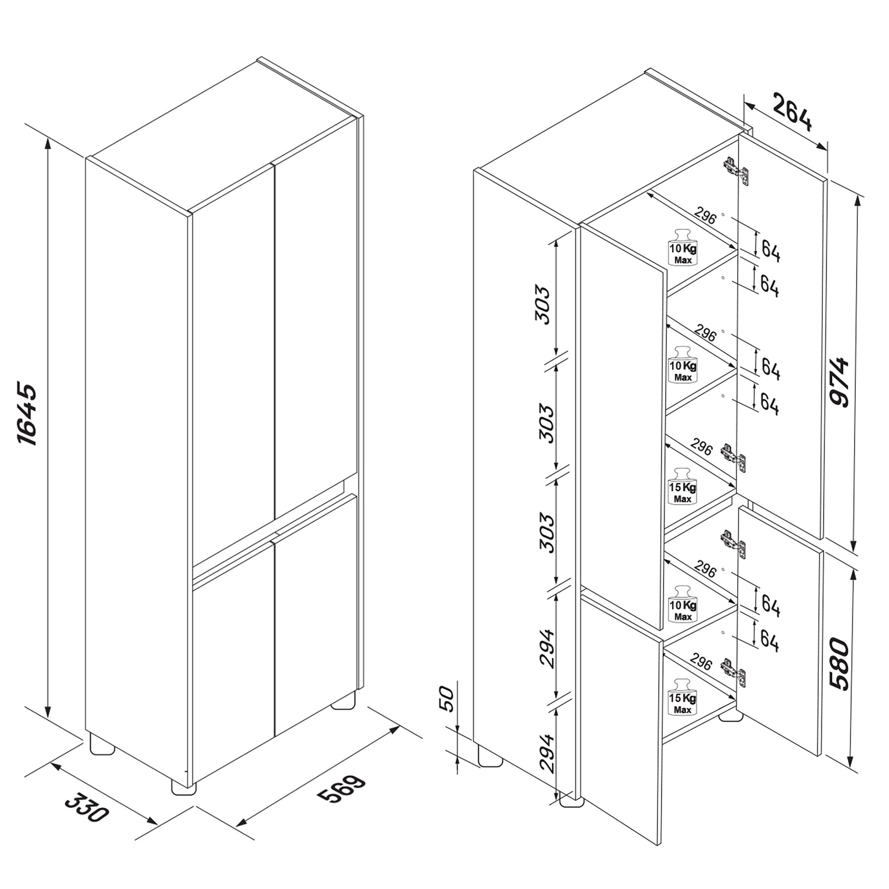 VCM Hochschrank »Badmöbel Hochschrank 165x57x33 Drehtüren Cosila« 1 Stk. tlg.