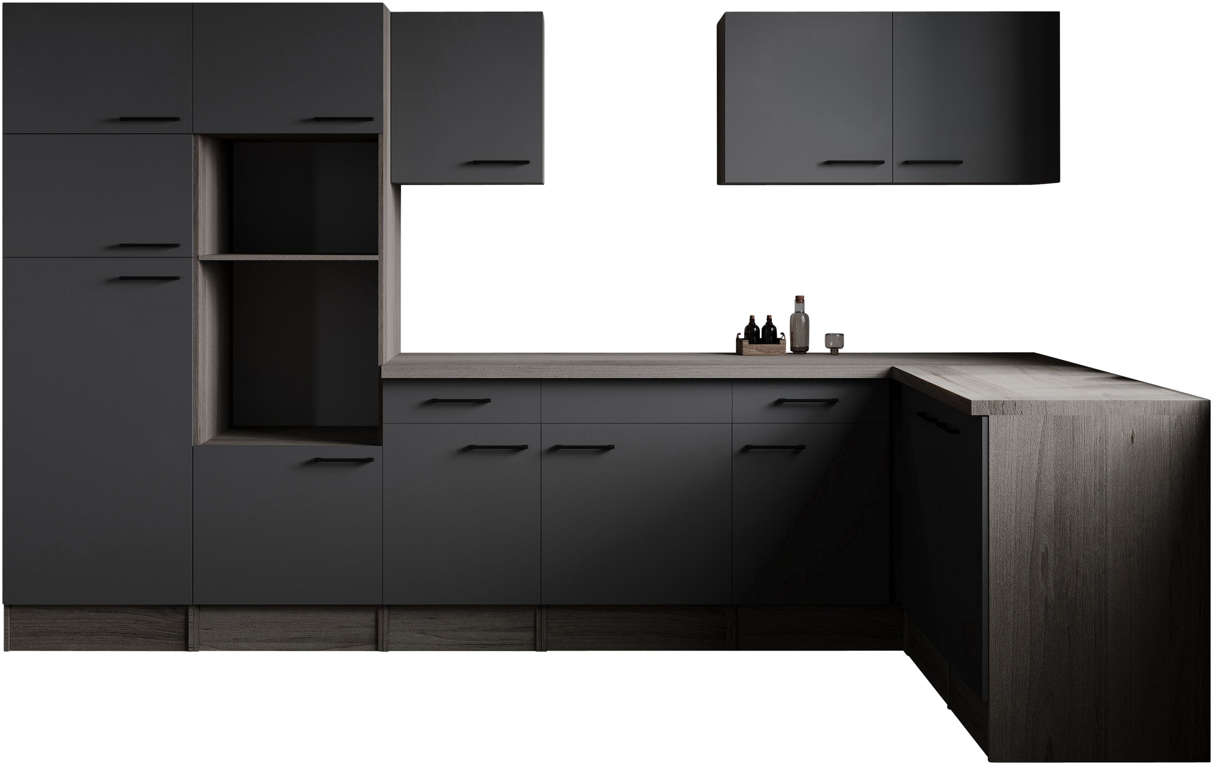 Winkelküche RESPEKTA, B:340cm H:205cm T:172cmküche: grau, front: grau matt, korpus: eiche york nachbildung, arbeitsplatte: eiche york nachbildung,