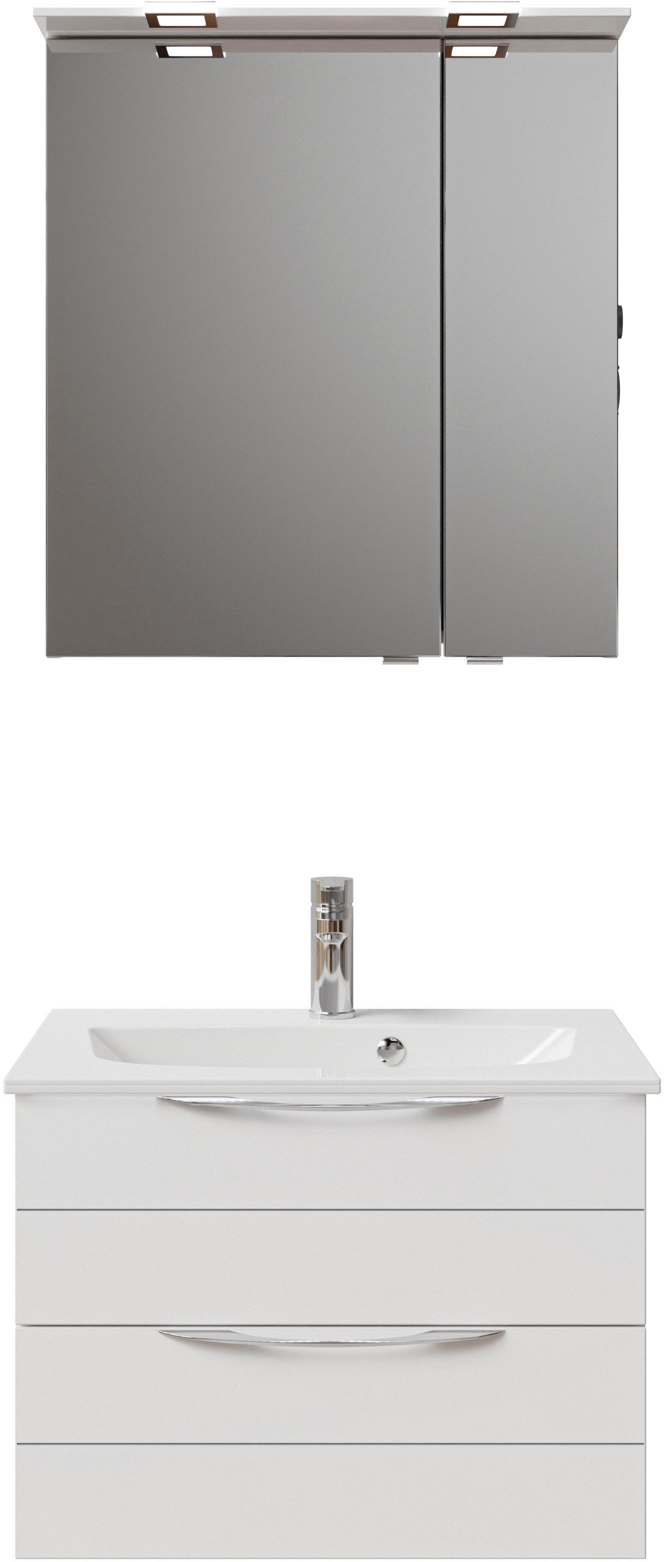Saphir Badmöbel-Set »Serie 6025 2-teilig Mineralmarmor-Waschtisch mit LED-Spiegelschrank«, (2 St.), Waschplatz 67 cm breit, 2 Schubladen, 2 Spiegel-Türen, inkl Türdämpfer
