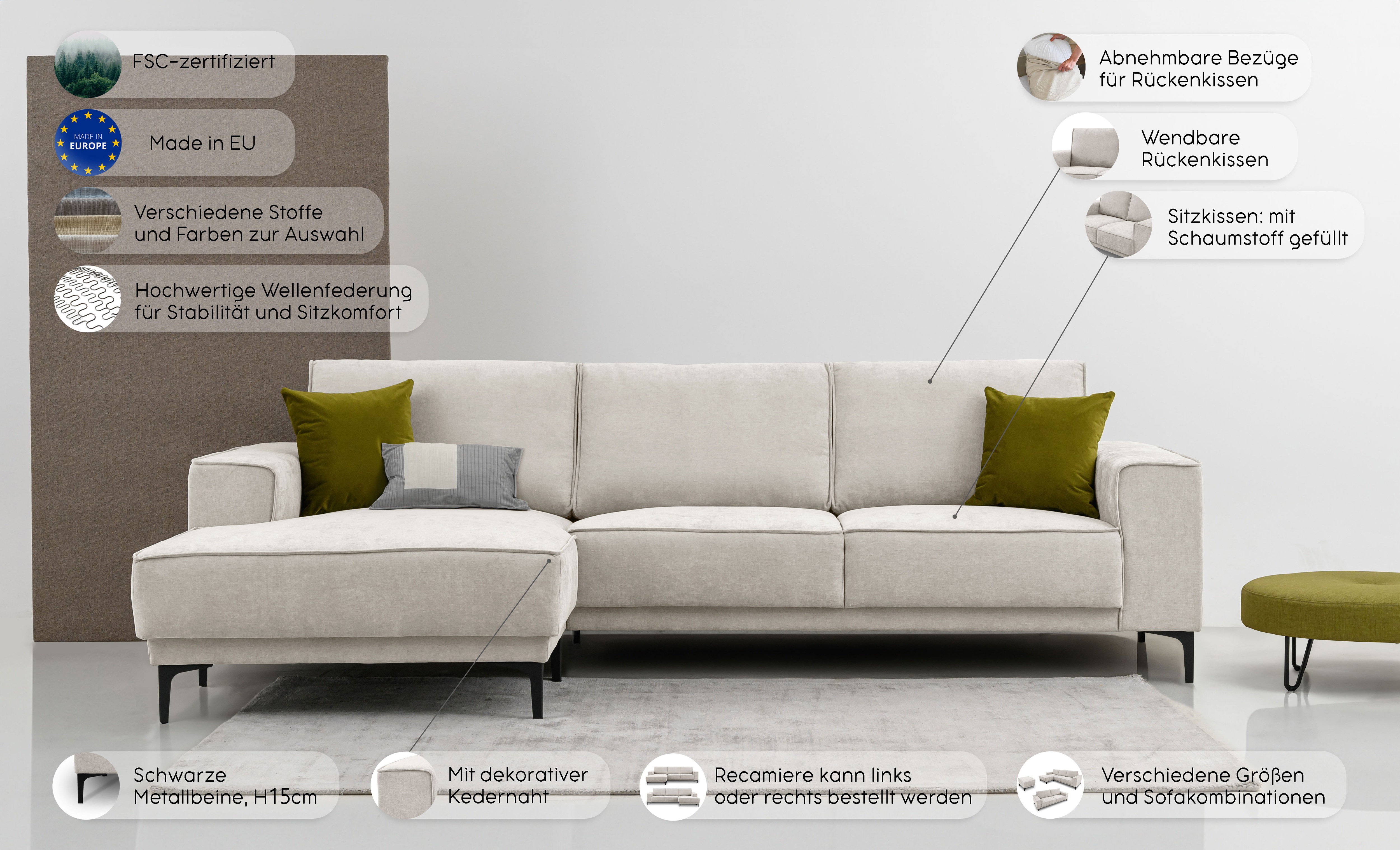 Thumbnail - Places of Style Ecksofa "Polsterecke Oland, Struktur, Flachgewebe, Luxus-Microfaser, Boucle", L-Form, 280 cm, Wellenunte...